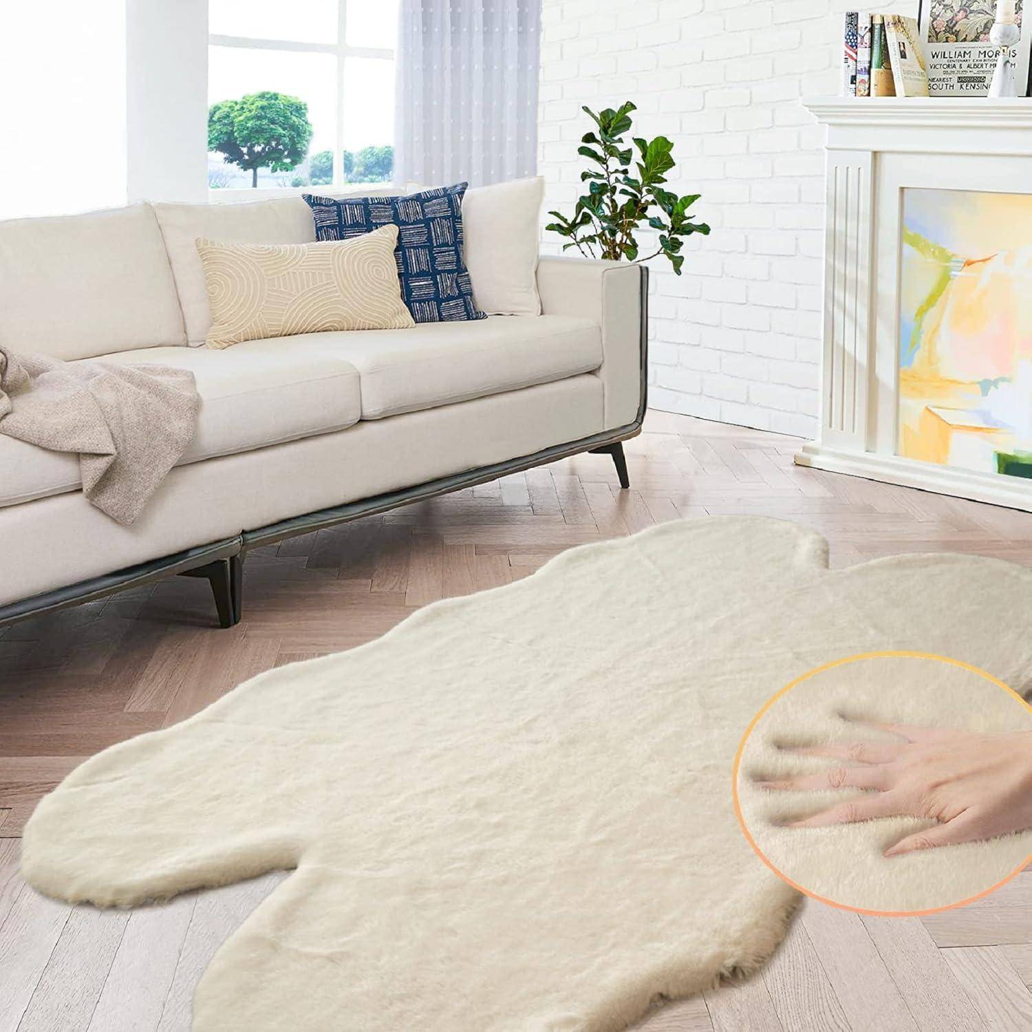 Teppich Fellteppich Kunstfell Schlafzimmer 120 x 180 cm Fellform Beige