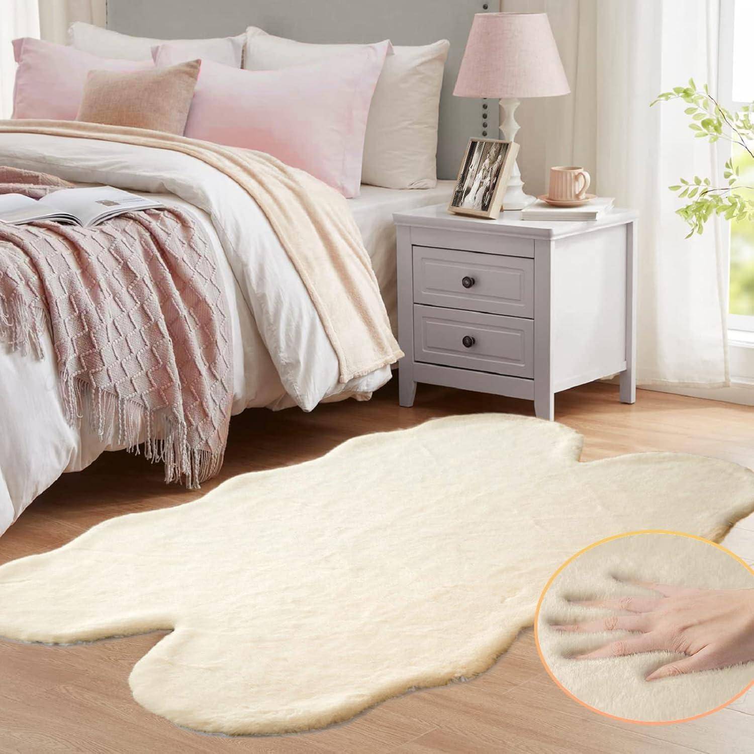 Teppich Fellteppich Kunstfell Schlafzimmer 120 x 180 cm Fellform Beige
