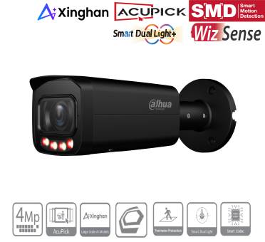 Werbebild einer schwarzen Dahua-Bullet-Sicherheitskamera mit Objektiv und vier roten LEDs, das KI-Funktionslogos einschließlich Xinghan, AcuPick, SMD, Smart Dual Light und WizSense zeigt.