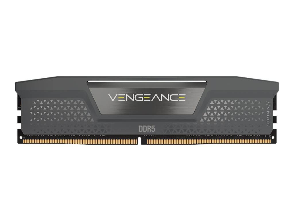 Ein Corsair Vengeance DDR5-Arbeitsspeichermodul, von vorne auf weißem Hintergrund gezeigt.