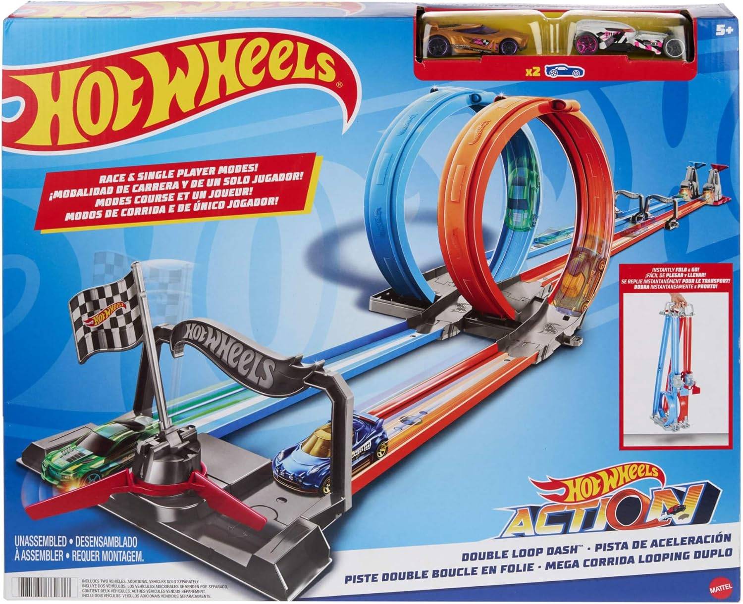 HHOT WHEELS 2spurige Looping Rennstrecke Trackteile 2 Autos Maßstab 1:64 5+ GFH8