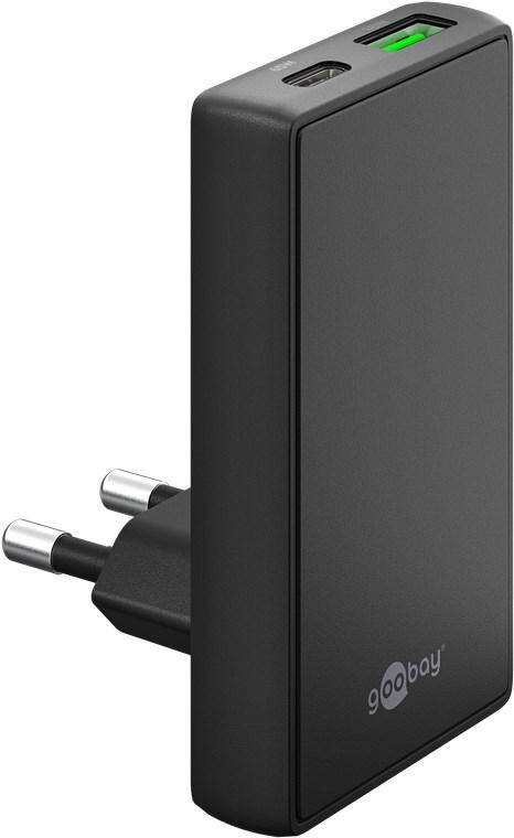 Goobay 90° flaches Dual-Schnellladegerät, 65W, USB-C PD, USB-A QC, GaN, 100240V, schwarz
