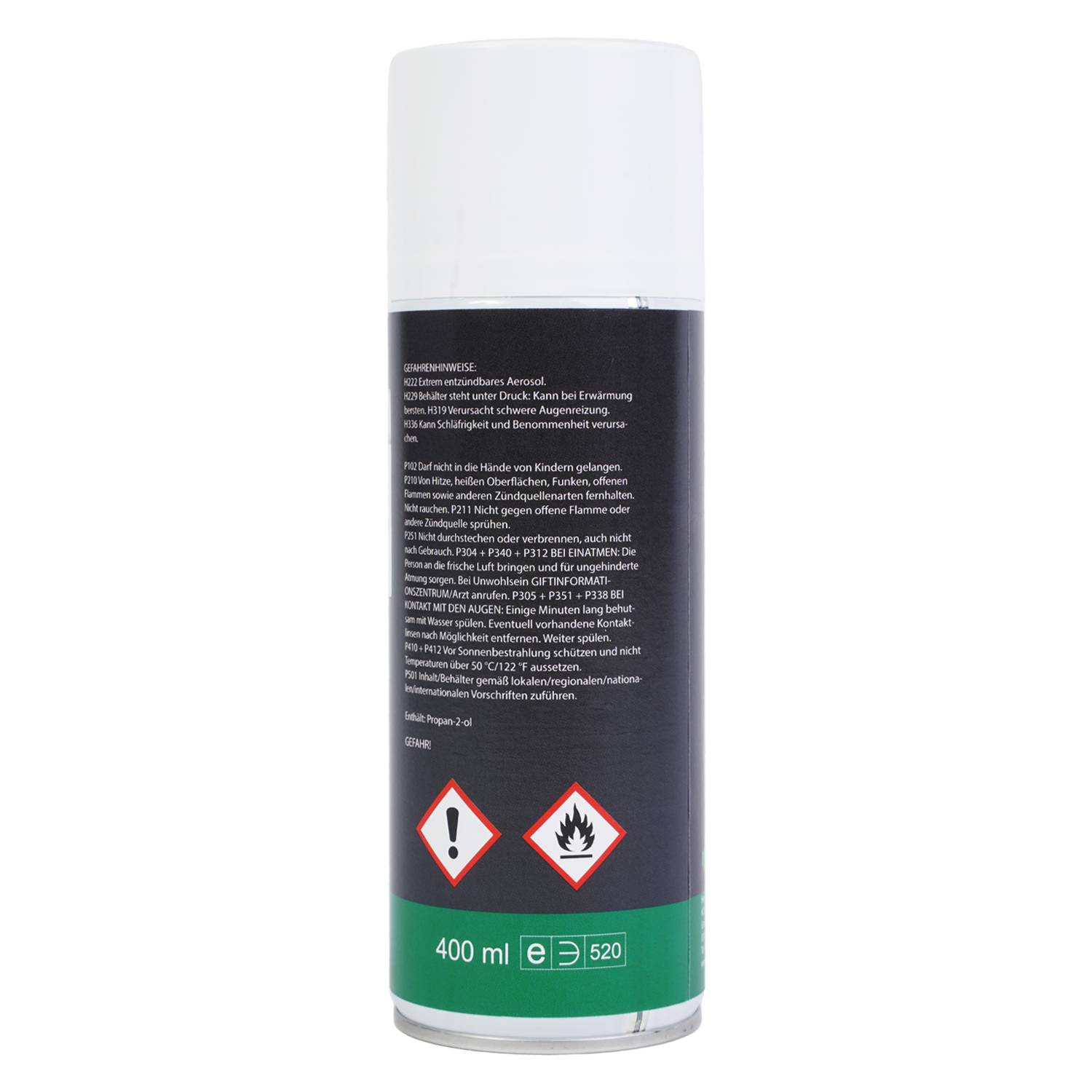 Aerosolspray-Dose mit Warnzeichen für Entzündbarkeit; enthält 400 ml Produkt. Anweisungen und Sicherheitsinformationen befinden sich auf dem Etikett.