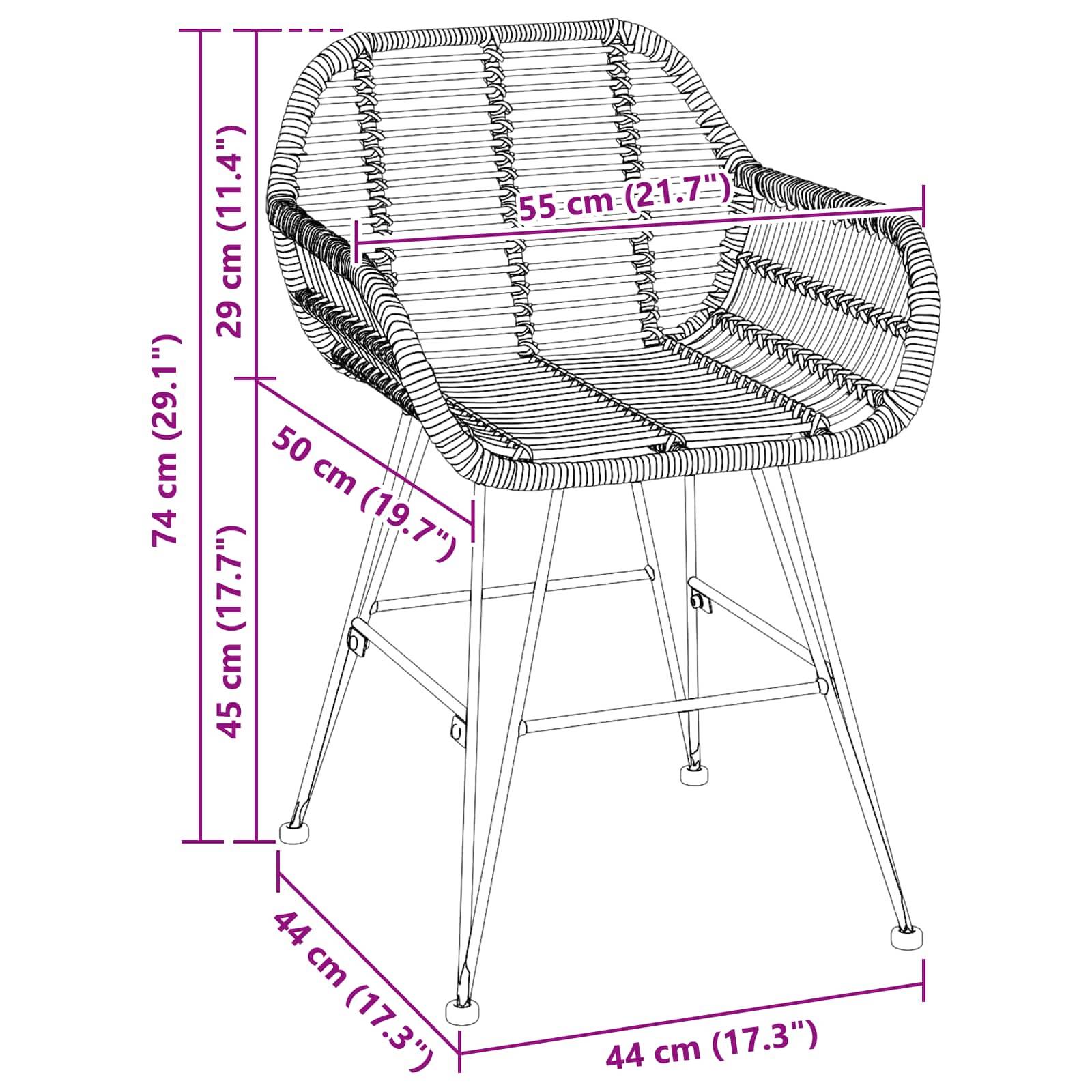 Rattanstuhl mit Rückenlehne und Armlehnen. Maße: Sitzhöhe 45 cm, Gesamthöhe 74 cm, Sitzbreite 55 cm, Tiefe 44 cm.
