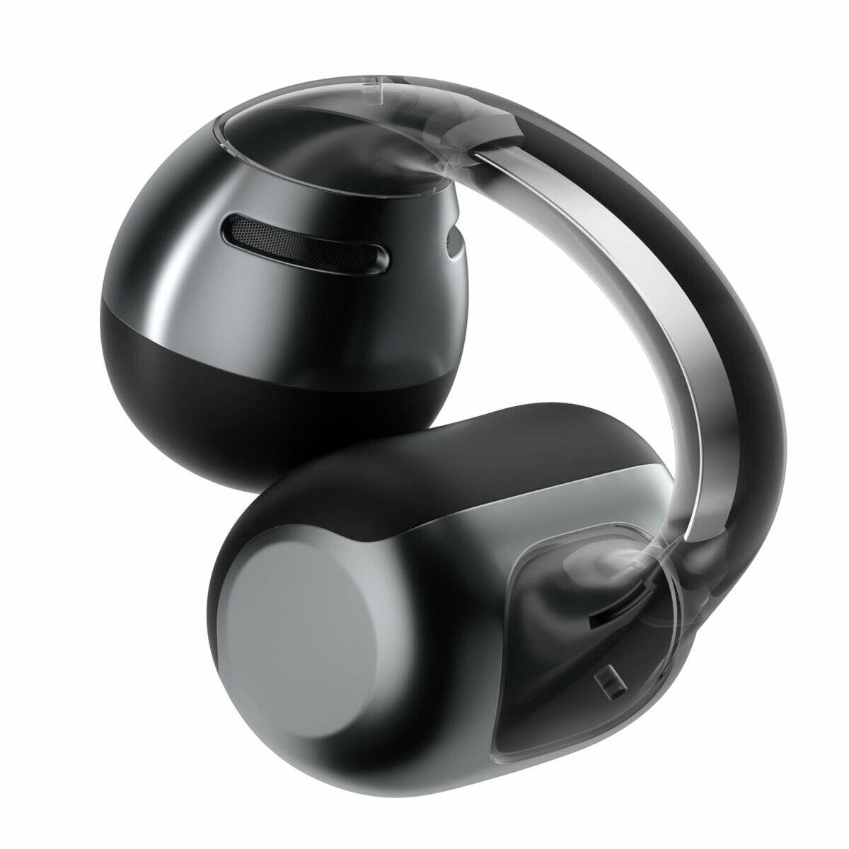 Futuristische schwarze und silberne Ohrhörer mit transparentem Haken-Design, die ein schlankes und modernes Erscheinungsbild präsentieren.