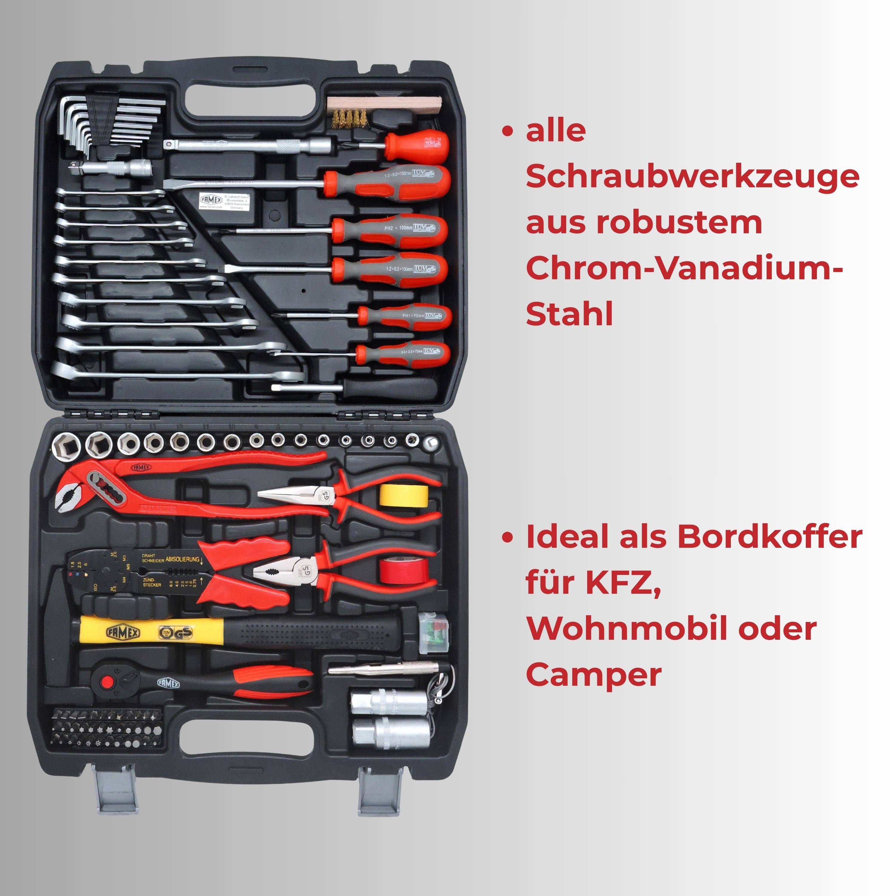 Werkzeugkoffer mit verschiedenen Handwerkzeugen öffnen. Roter Text besagt: 'Alle Schraubwerkzeuge aus robustem Chrom-Vanadium-Stahl' und 'Ideal als Bordkoffer für KFZ, Wohnmobil oder Camper'.