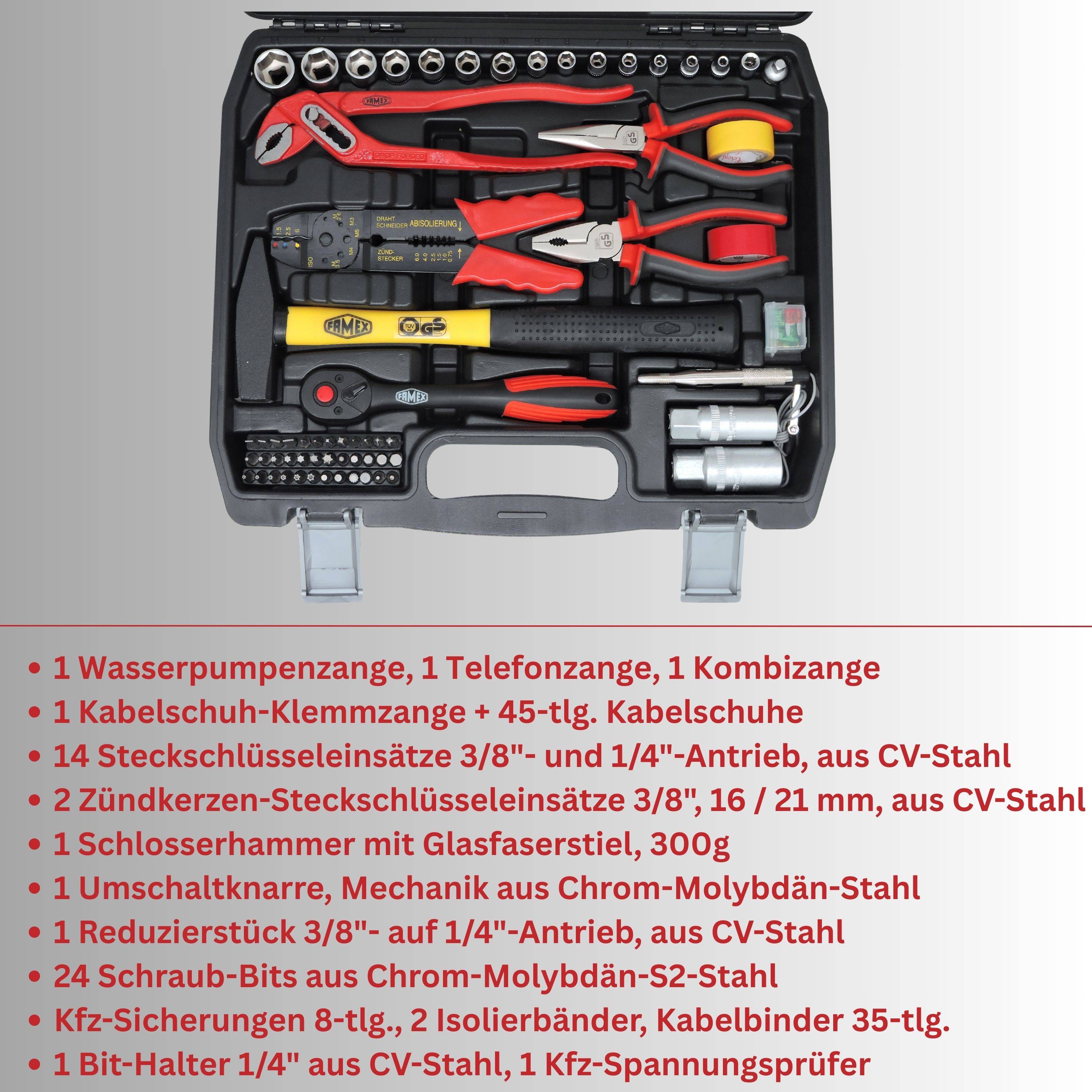 FAMEX 144-50 Kompakter Werkzeugkoffer bestückt mit Werkzeug Set für Auto, Camper, CV-Stahl, Idealer Bordkoffer