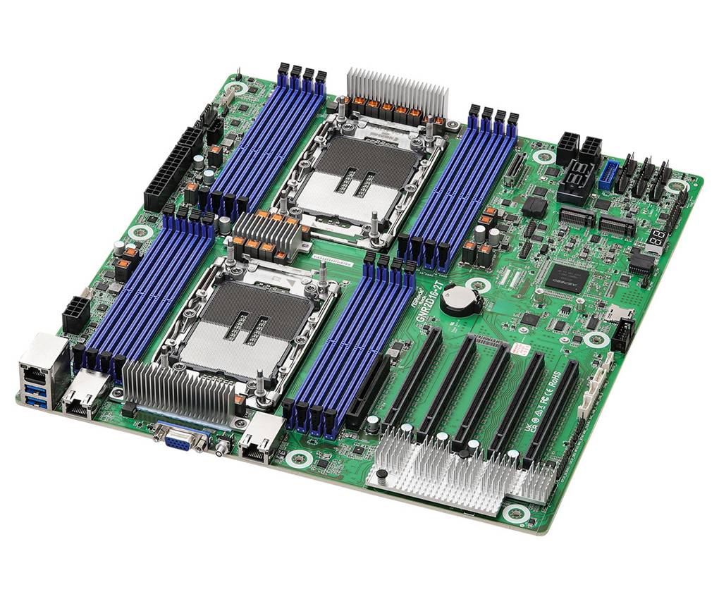 Eine grüne Leiterplatte mit zwei großen Prozessoren, blauen RAM-Steckplätzen und verschiedenen elektronischen Komponenten für Computeranwendungen.