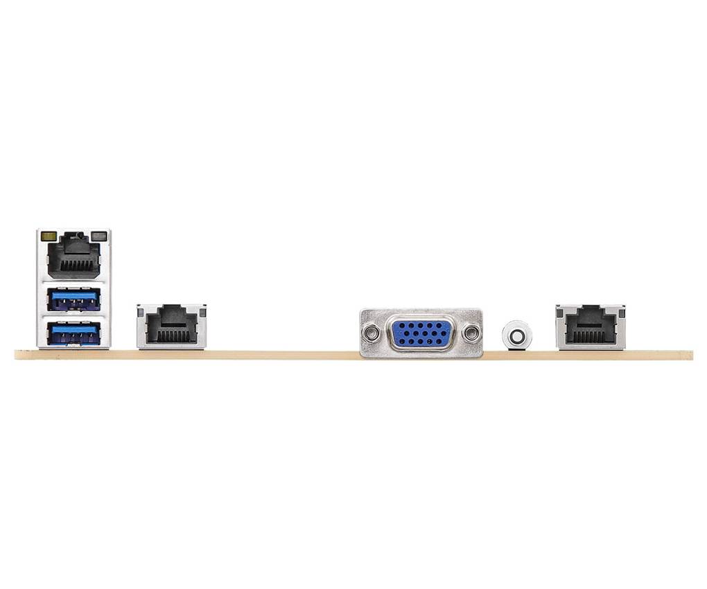 VGA- und Ethernet-Anschlüsse auf einer Computermotherboard, die Verbindungsoptionen für Monitore und Netzwerke zeigen.
