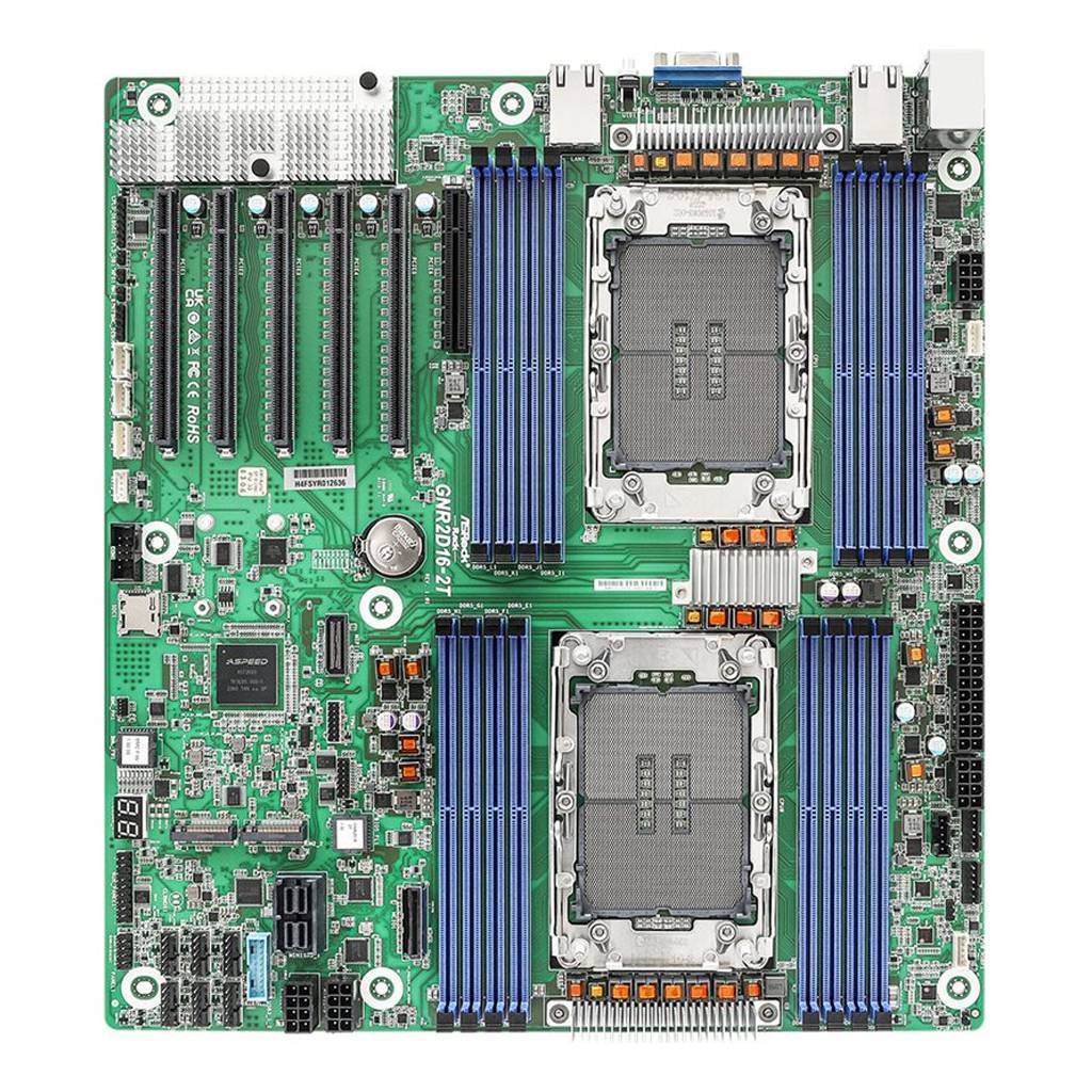 Eine grüne Computerplatine mit zwei großen CPU-Sockeln, zahlreichen RAM-Steckplätzen und verschiedenen Anschlüssen, konzipiert für High-Performance-Computing.