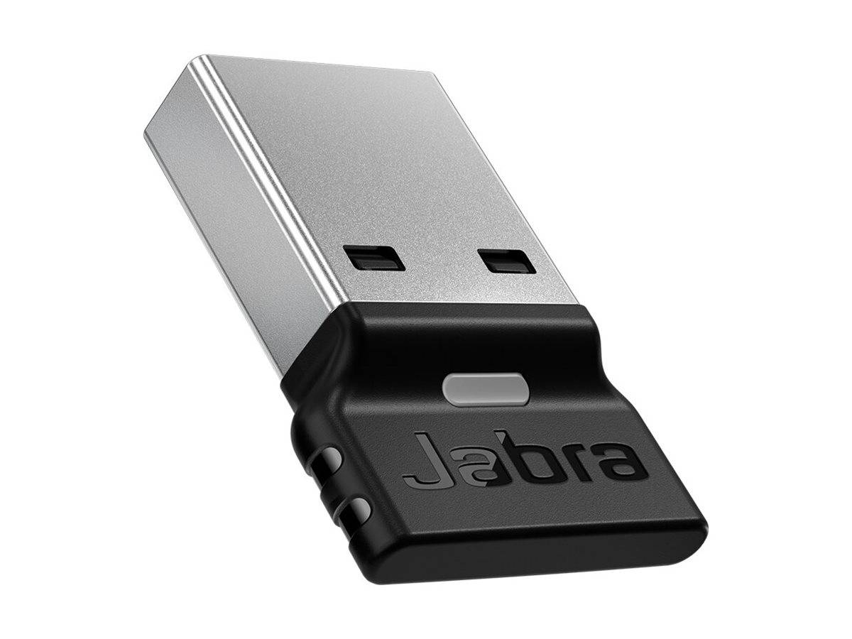 Kleiner Jabra USB-Wireless-Adapter-Dongle, silber und schwarz, isoliert auf weißem Hintergrund dargestellt.