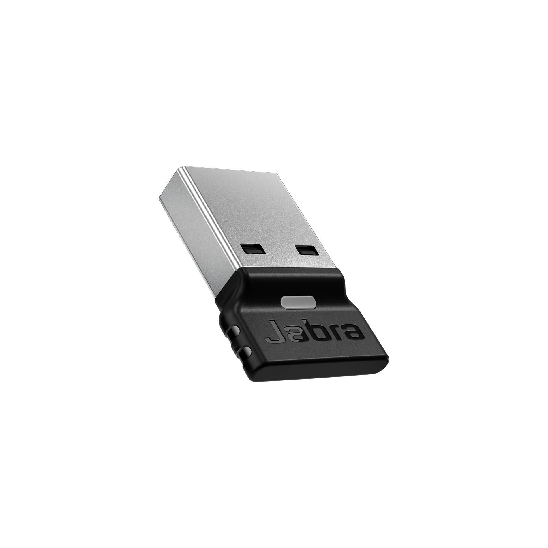 Schwarzer Jabra USB-Wireless-Adapter-Dongle auf schwarzem Hintergrund.