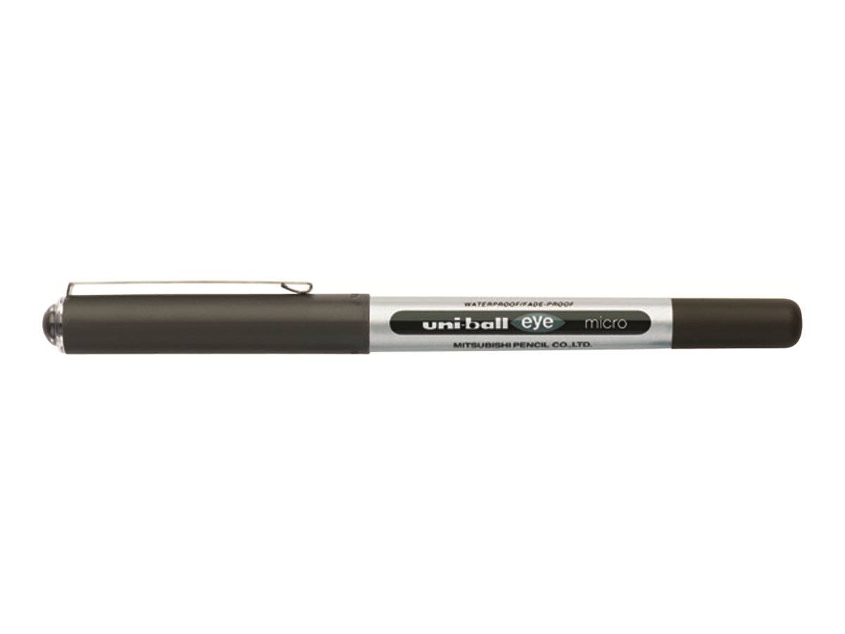 Ein schwarzer und silberner 'uni-ball eye micro' Stift, als wasserfest gekennzeichnet.