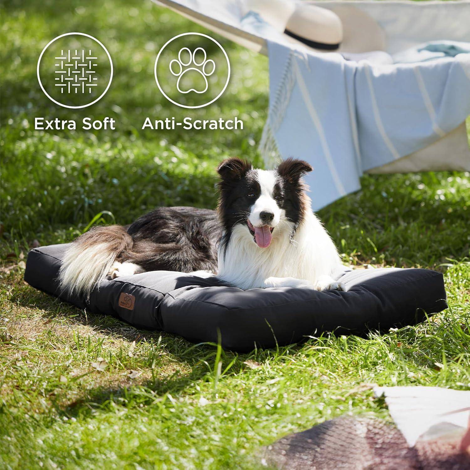 Ein Hund ruht auf einem schwarzen Kissen im Freien, mit Symbolen, die anzeigen, dass das Kissen 