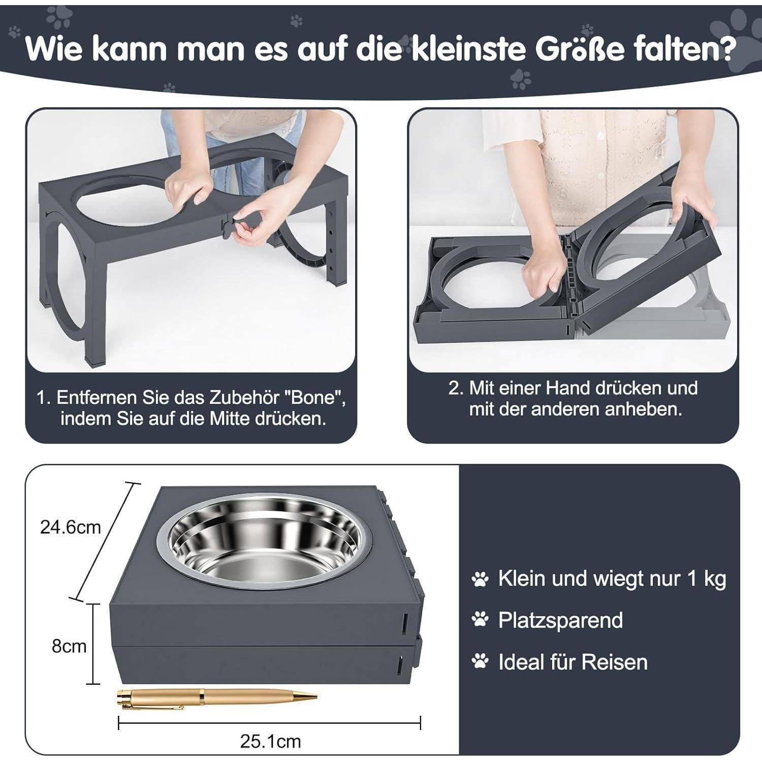 Wie kann man es auf die kleinste Größe falten?' Anleitung zeigt das Falten eines Hundeportables: Entfernen Sie 'Bone', heben Sie an, Details zu Größe und Gewicht.