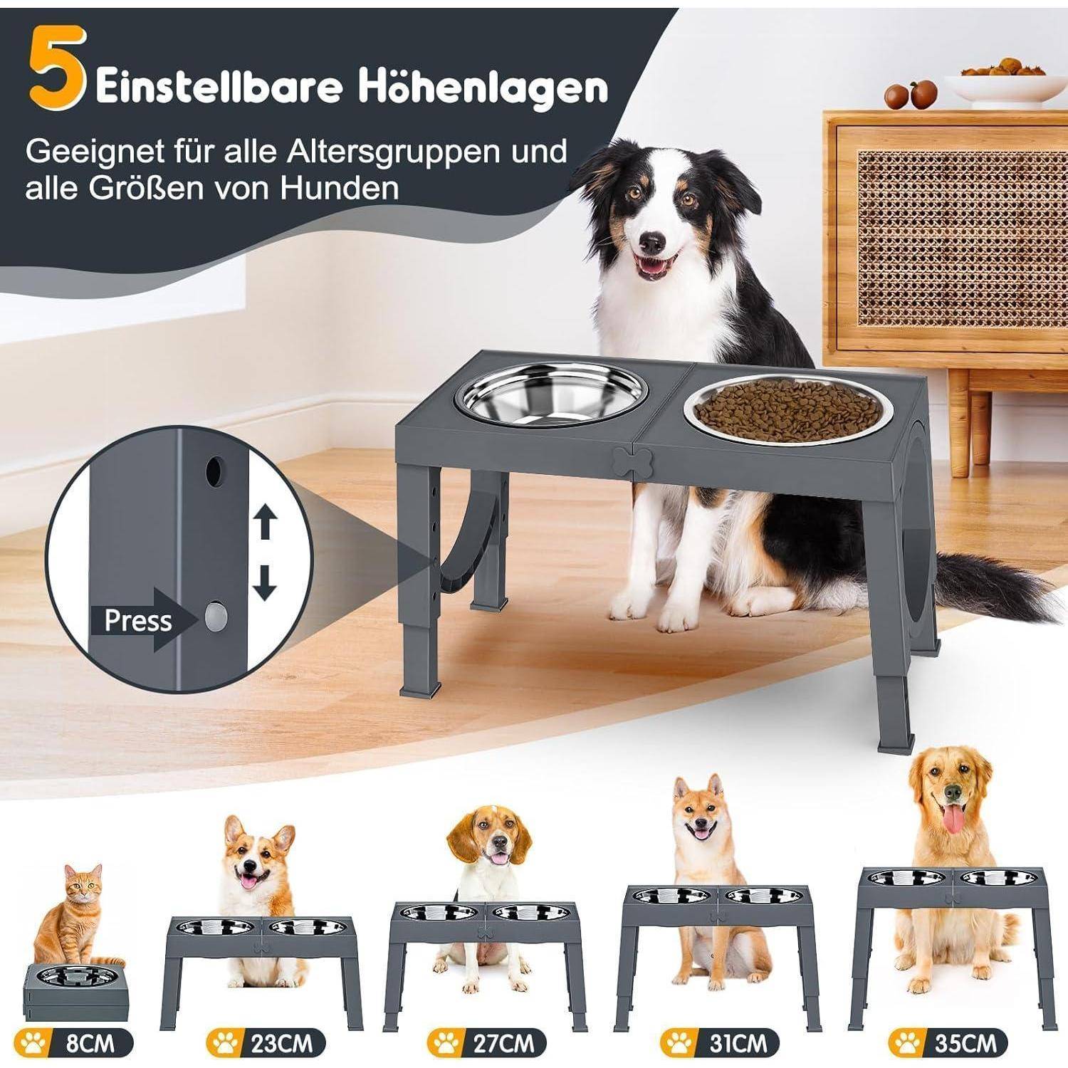 Futterstation für Hunde mit '5 verstellbaren Höhenstufen'. Zeigt einen Border Collie neben einem erhöhten Napfset. Geeignet für Hunde aller Größen.