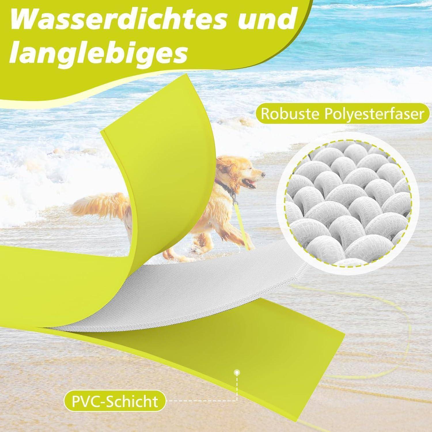 Outdoor-Szene mit einem Hund am Strand neben einem Diagramm einer 