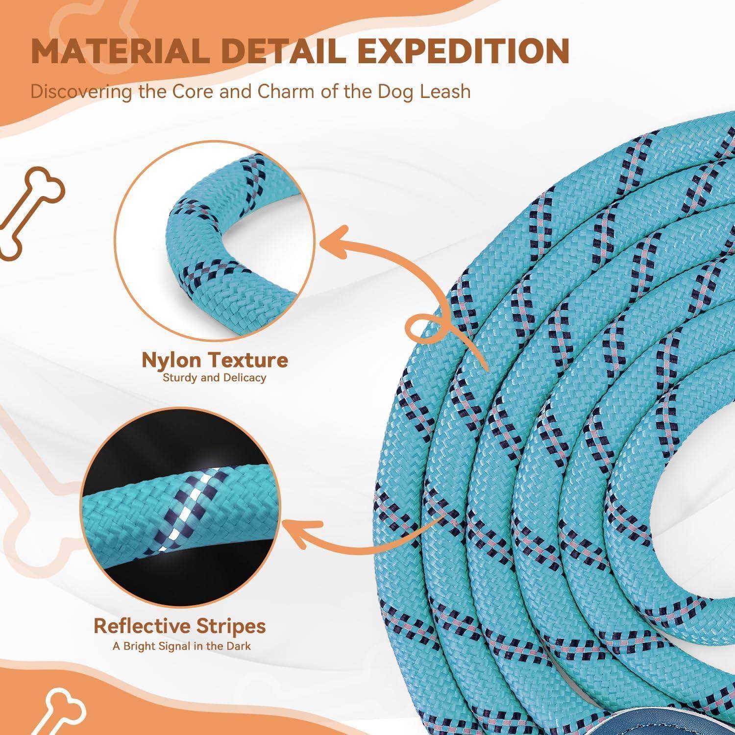 Material-Detailexkursion: Entdeckung des Kerns und des Charmes der Hundeleine.' Nahaufnahme einer blauen Nylonstruktur mit reflektierenden Streifen.