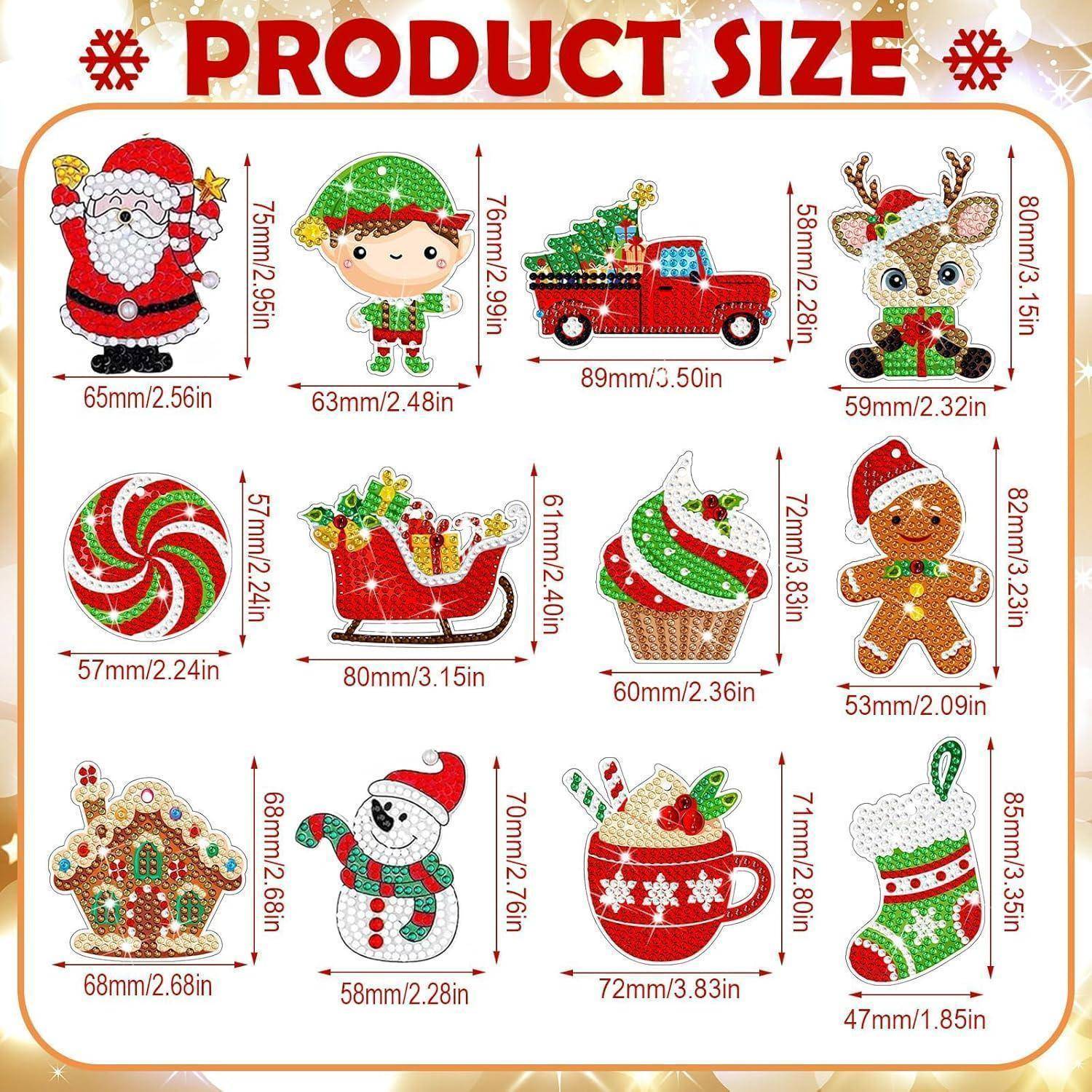 PRODUKTGRÖSSE' Übersicht mit 12 festlichen Artikeln wie Weihnachtsmann, Elf, Lastwagen, Rentier. Größen reichen von 47 mm bis 80 mm in der Höhe.