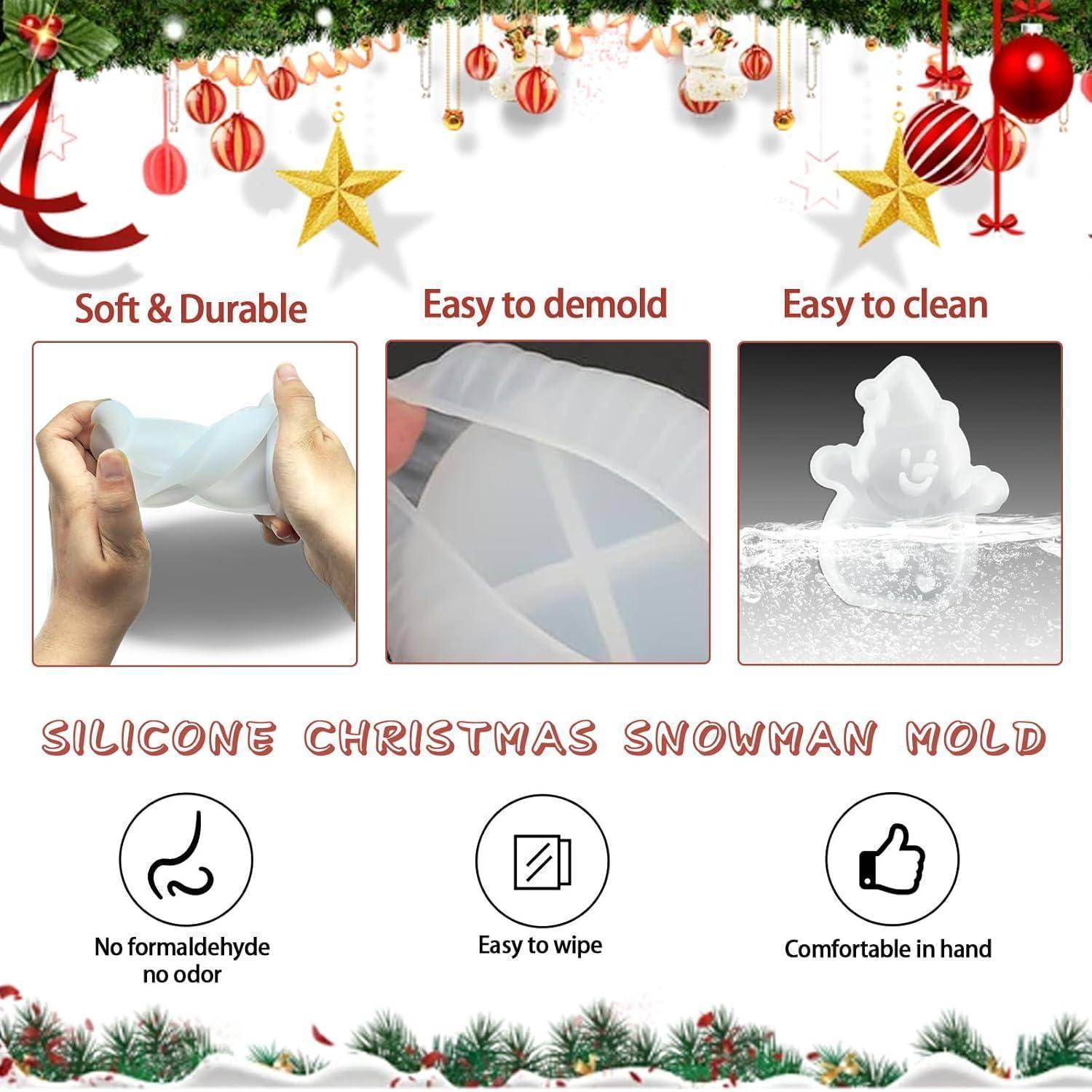 SILIKON WEIHNACHTS-SCHNEEMANN FORM bietet weiches, strapazierfähiges, leicht zu reinigendes Silikon. Enthält Symbole: 'Ohne Formaldehyd', 'Leicht abwischbar', 'Angenehm in der Hand'.