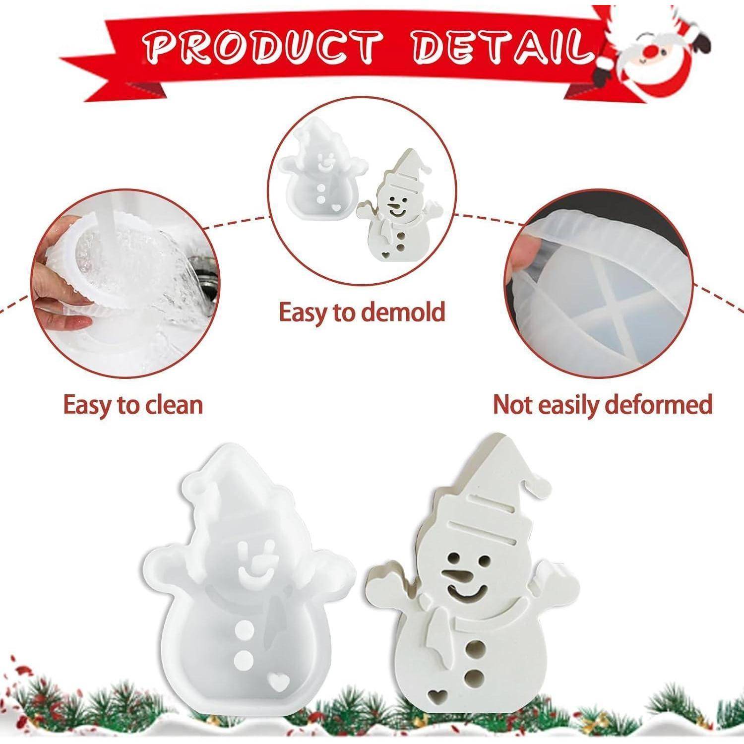 Produktdetails': Enthält zwei Schneemann-Formen. Text lautet: 'Leicht zu reinigen', 'Leicht zu entformen', 'Nicht leicht verformbar'. Weihnachts-Thema.