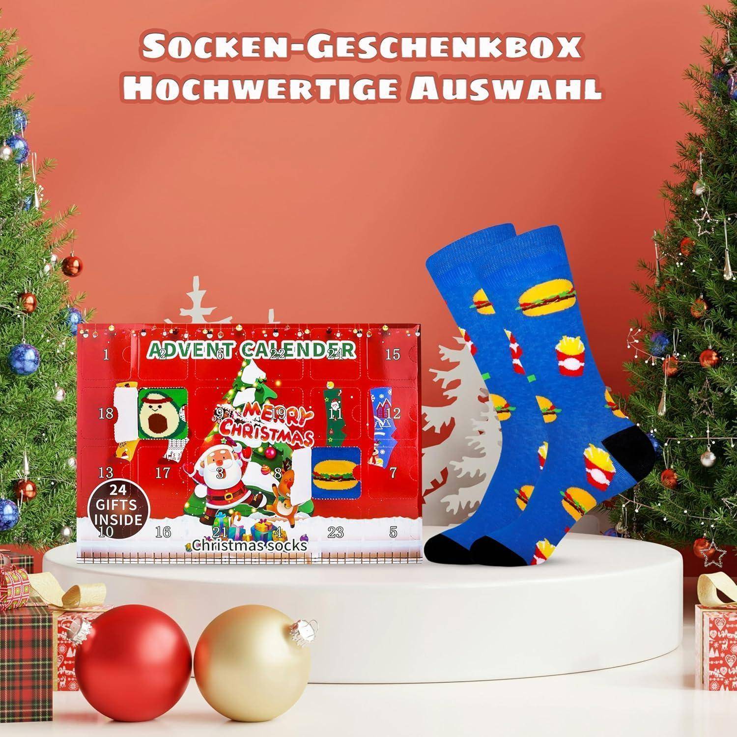 Eine weihnachtlich gestaltete Sockengeschenkbox im Adventskalender-Design, die farbenfrohe festliche Socken präsentiert, umgeben von geschmückten Bäumen.