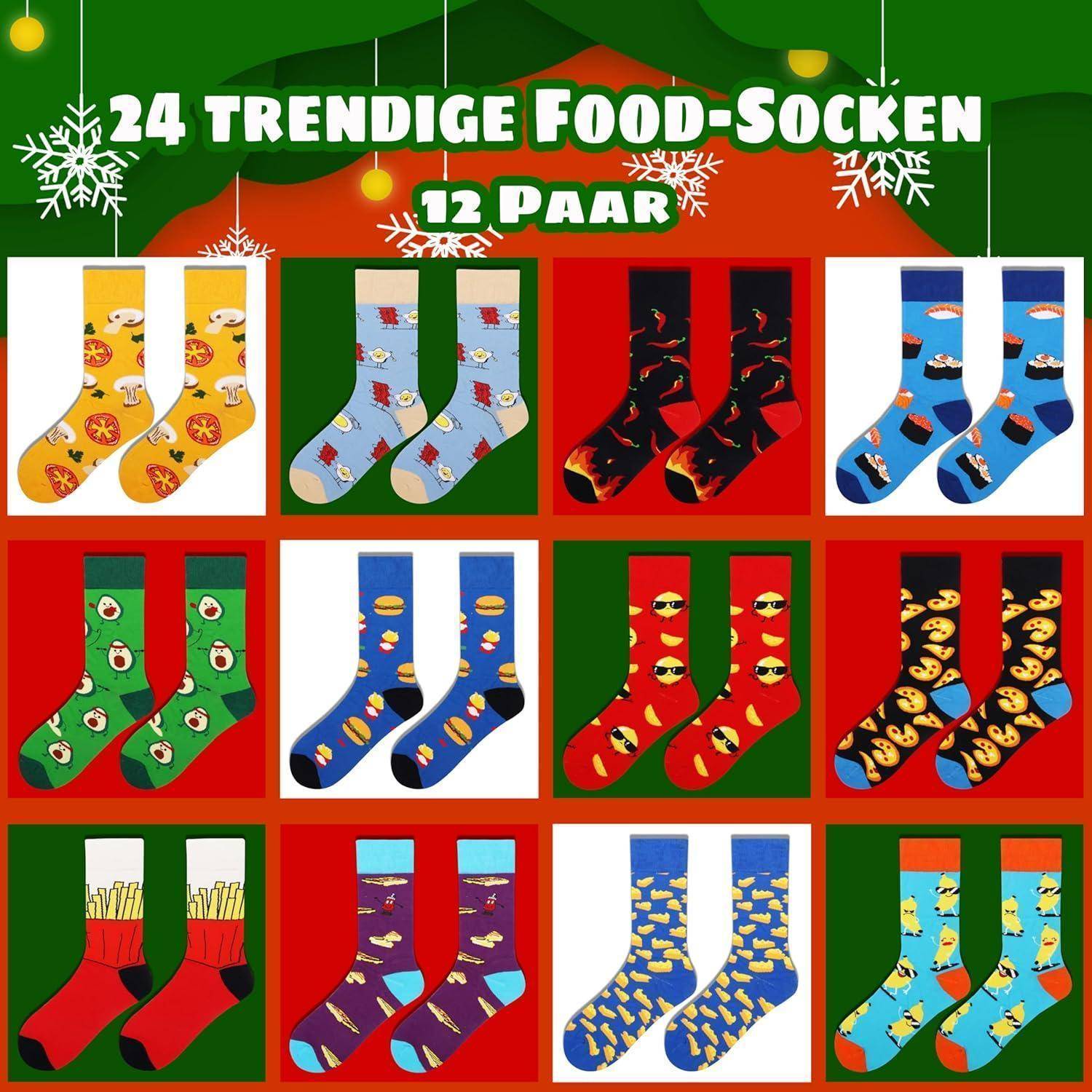 24 Trendige Food-Socken 12 Paar', präsentiert mit bunten Motiven von Lebensmitteln vor einem festlichen Hintergrund.