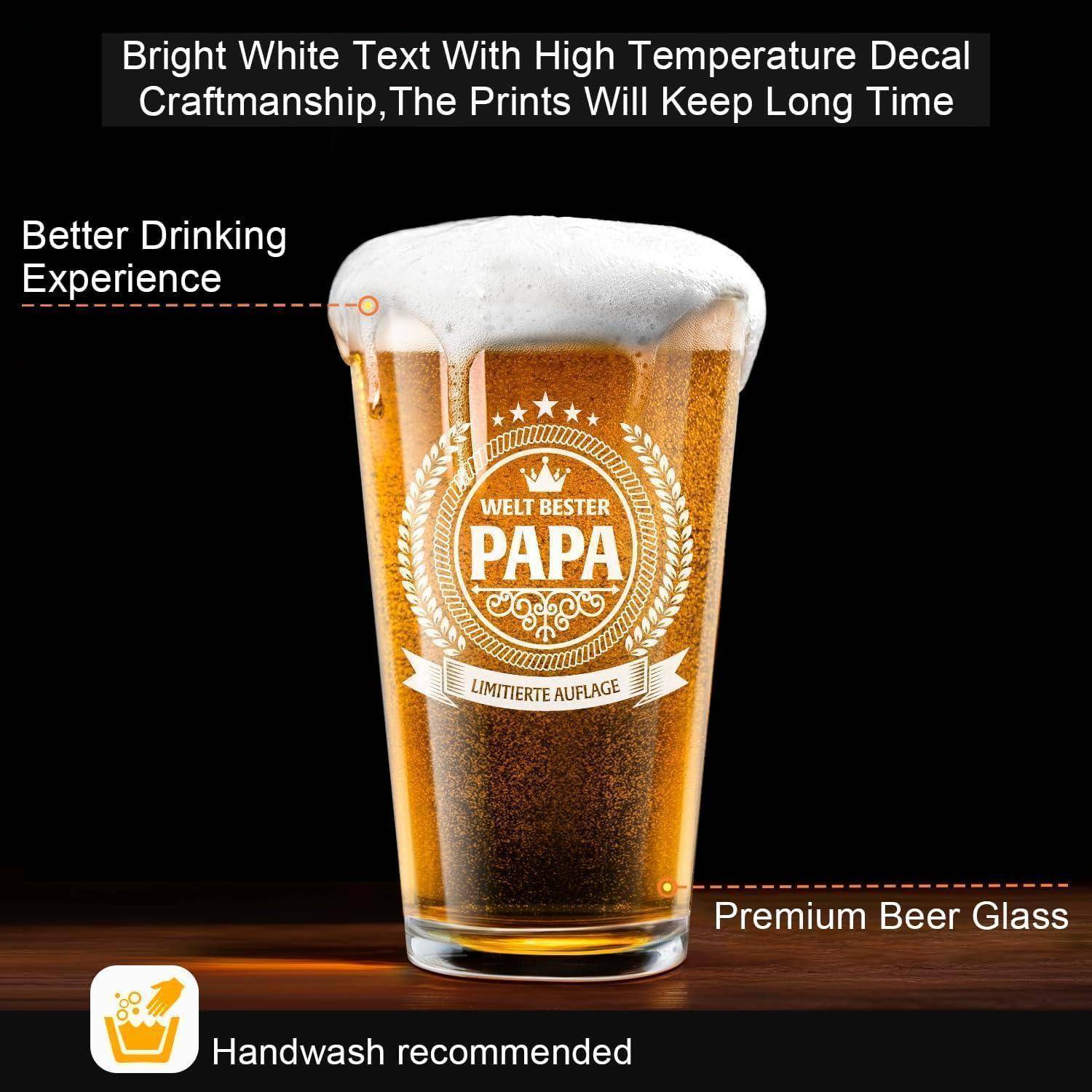 Ein Bierglas mit der Aufschrift 'Welt Bester Papa' mit Text, der 'Besseres Trinkerlebnis' und 'Premium-Bierglas' hervorhebt. Handwäsche empfohlen.