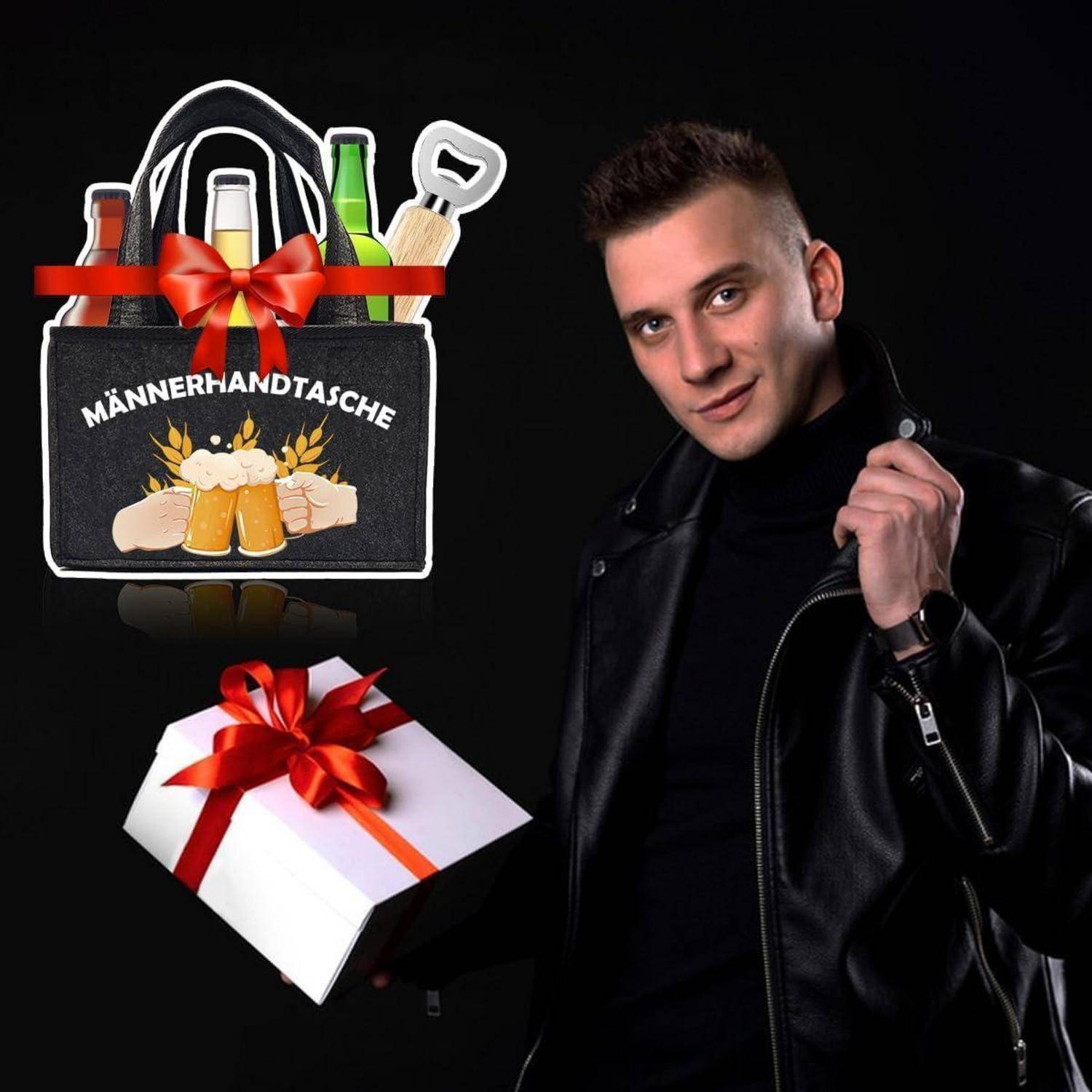 Eine Person in einer schwarzen Jacke hält eine Geschenkbox mit einem roten Band. Daneben eine illustrierte Tasche mit der Beschriftung 