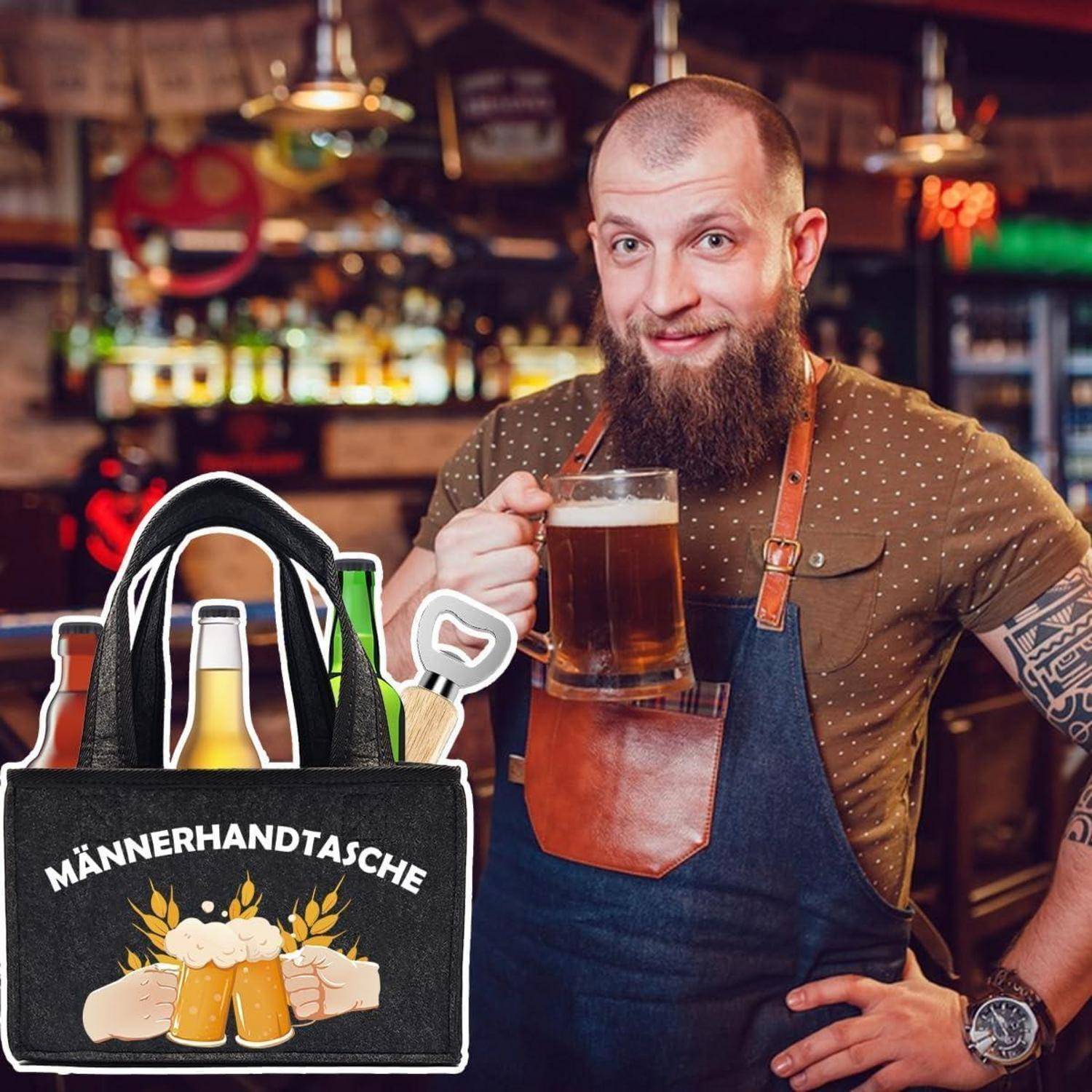 Bärtiger Mann in einer Bar, einen Bierkrug haltend und lächelnd, mit dem Text 'Männerhandtasche' und einer Illustration von bierbezogenen Gegenständen.