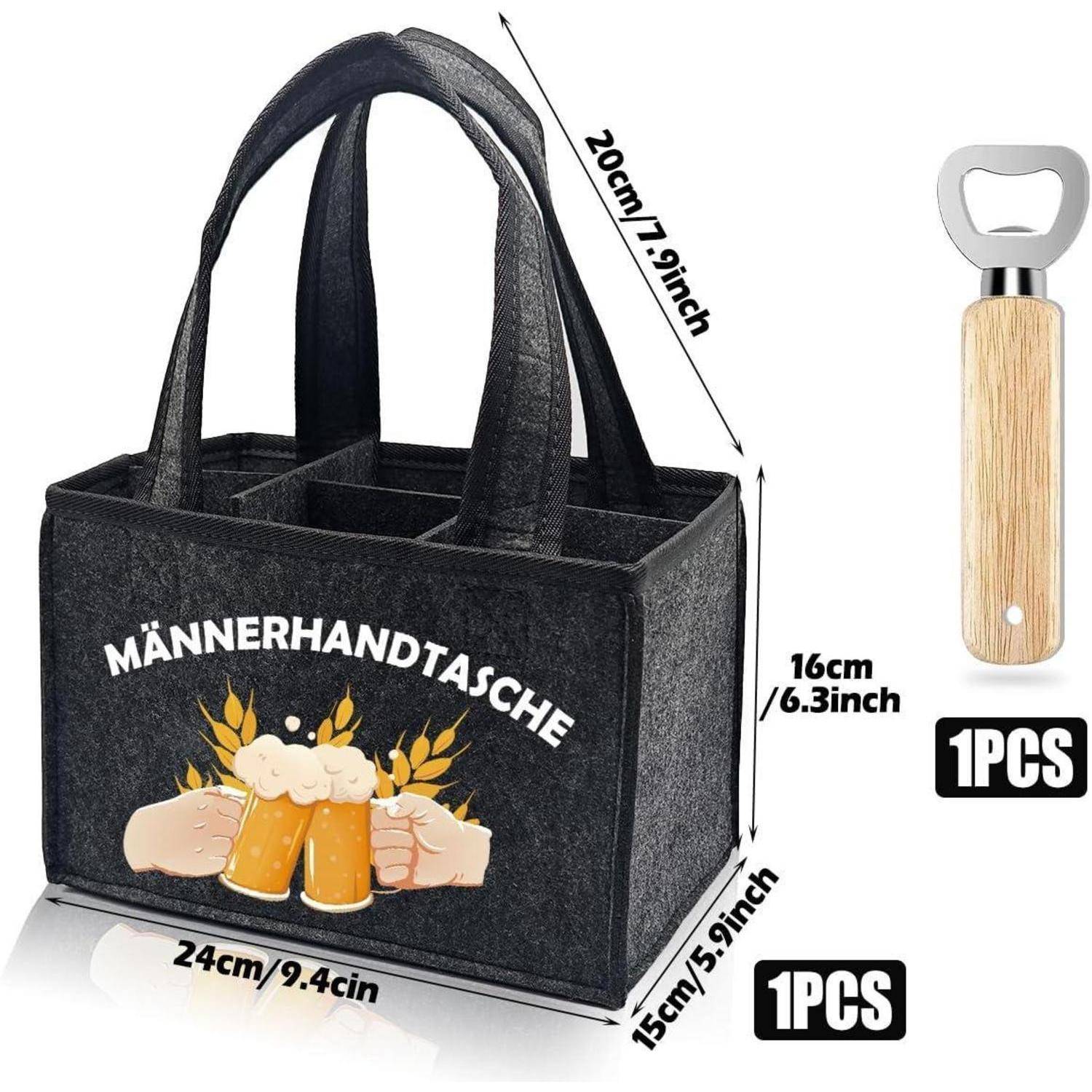Bierkiste mit vier Fächern, beschriftet mit 'MÄNNERHANDTASCHE', die Bierkrüge mit Schaum und Weizengrafiken enthält. Inklusive Flaschenöffner.