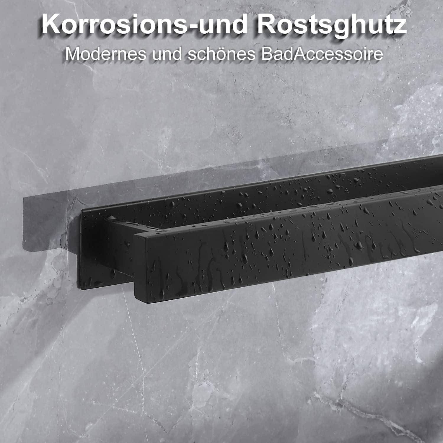 Korrosions- und Rostschutz Modernes und schönes Badaccessoire, ein schlankes, schwarzes Badaccessoire an einer feuchten, strukturierten Wand.