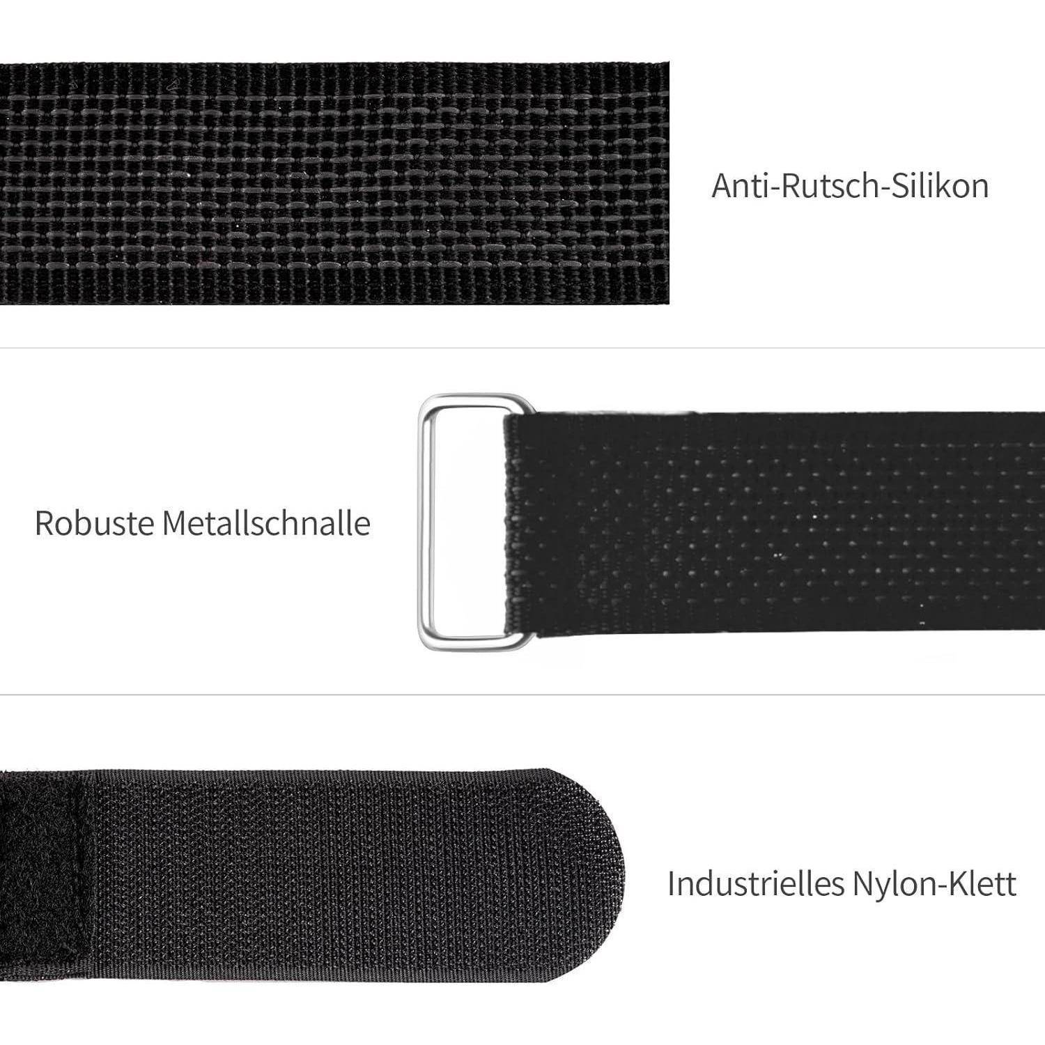 Nahaufnahme, die Teile eines Riemens zeigt: 'Anti-Rutsch-Silikon', 'Robuste Metallschnalle', 'Industrielles Nylon-Klett'.