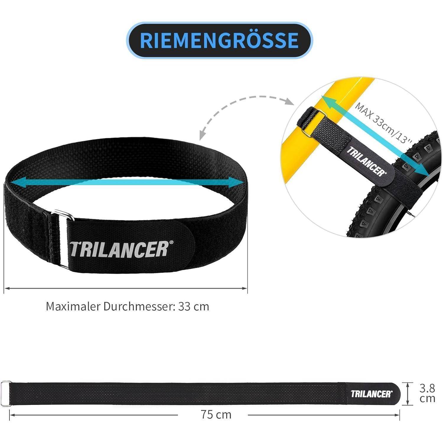 Schwarzer Gürtel mit der Beschriftung 'TRILANCER'; geeignet für Gegenstände bis zu 33 cm Durchmesser. Gesamtlänge 75 cm, Breite 3,8 cm, dargestellt beim Sichern eines Reifens.