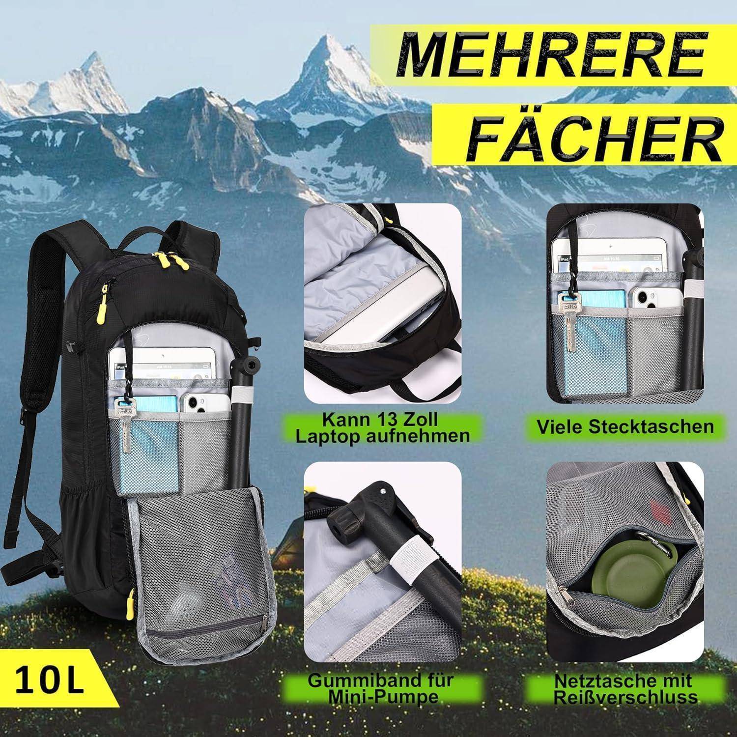 Fahrradrucksack 10L mit Helmnetz, Regenschutz, wasserdicht