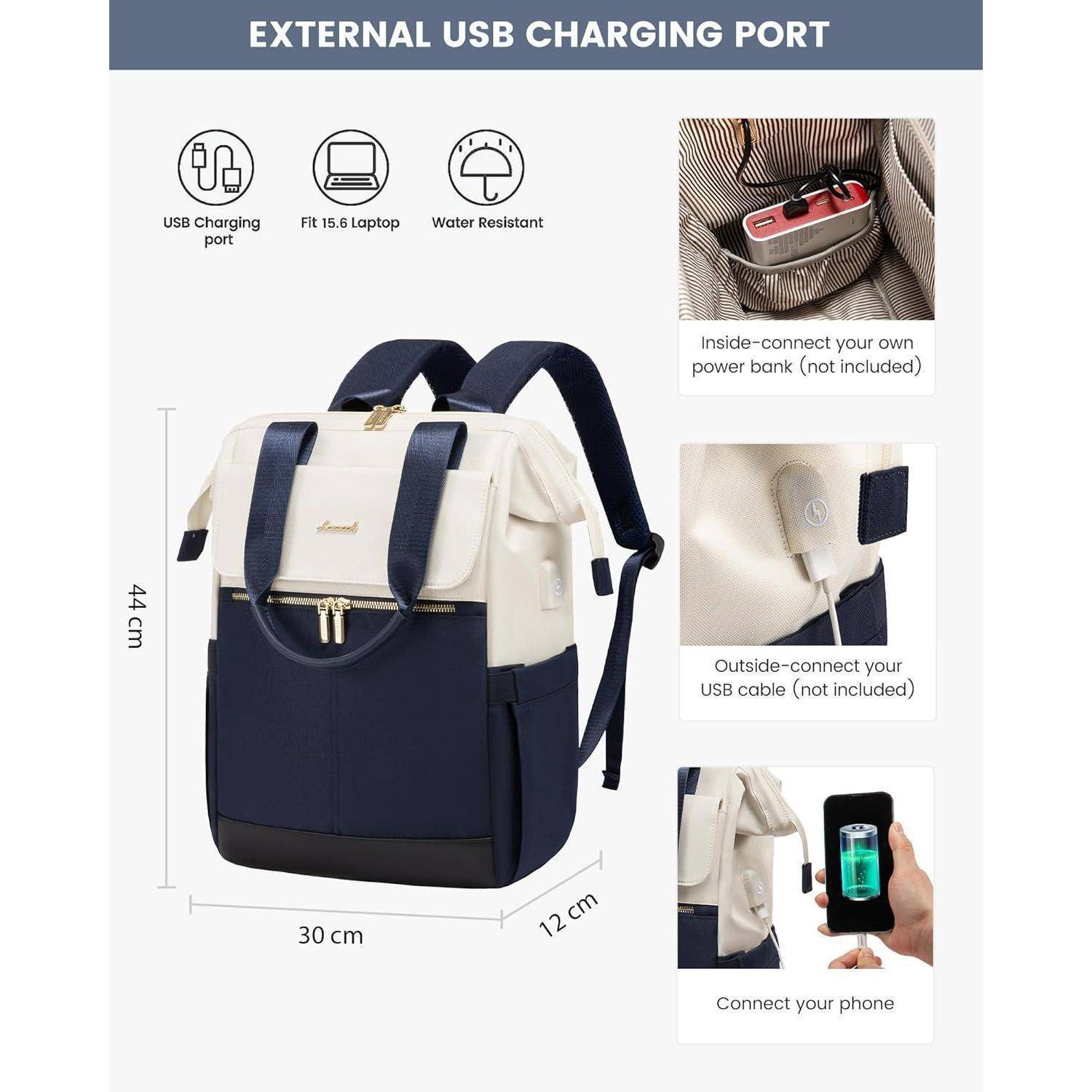 Externer USB-Ladeanschluss' Rucksack, wasserabweisend, geeignet für 15,6-Zoll-Laptop, verfügt über USB-Anschluss für Powerbank (nicht im Lieferumfang enthalten), misst 44x30x12 cm.