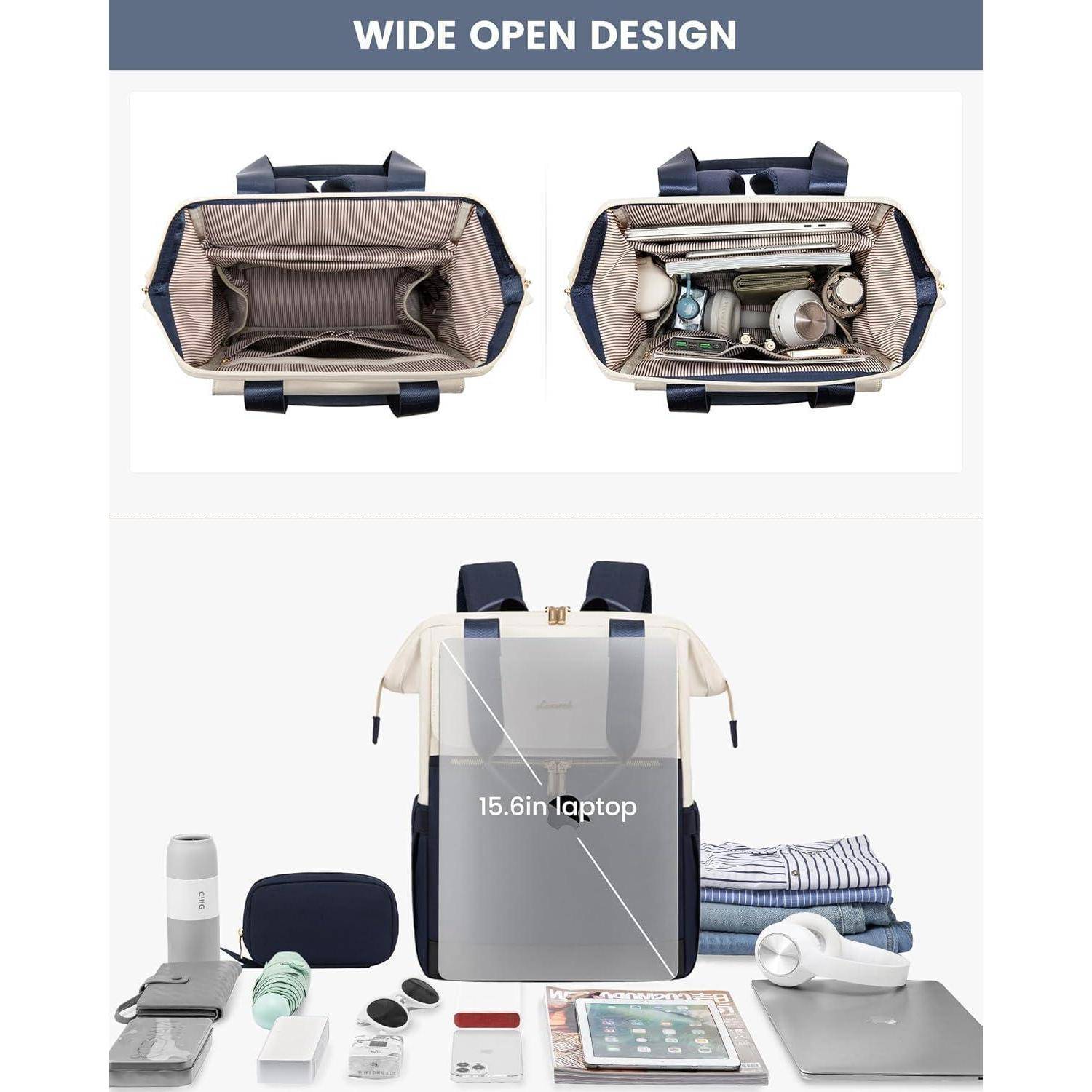 Rucksack mit einem weit geöffneten Design, geräumig genug für ein 15,6-Zoll-Laptop, organisiert mit Fächern für verschiedene Gegenstände.