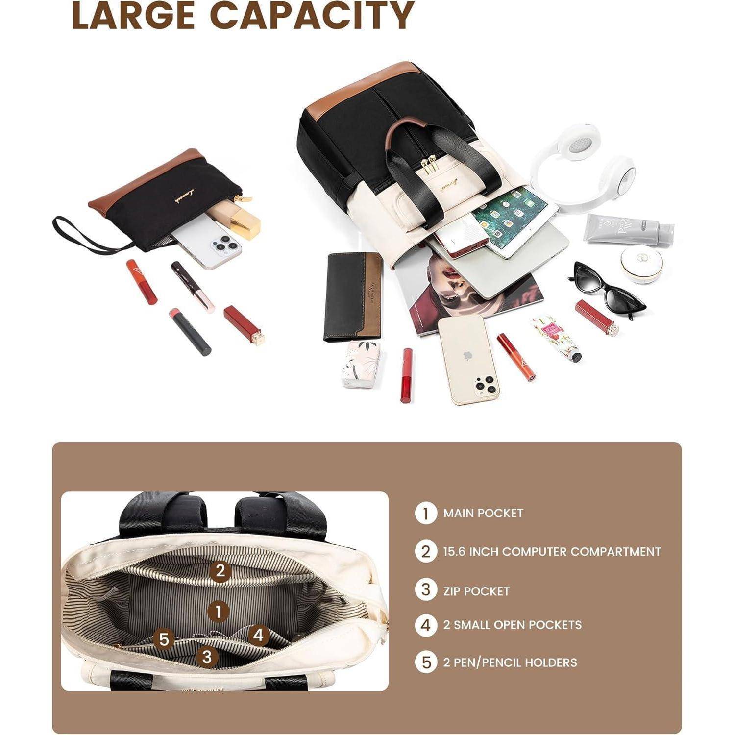 Großer Damen Rucksack 15,6 Zoll Beige Schwarz Braun