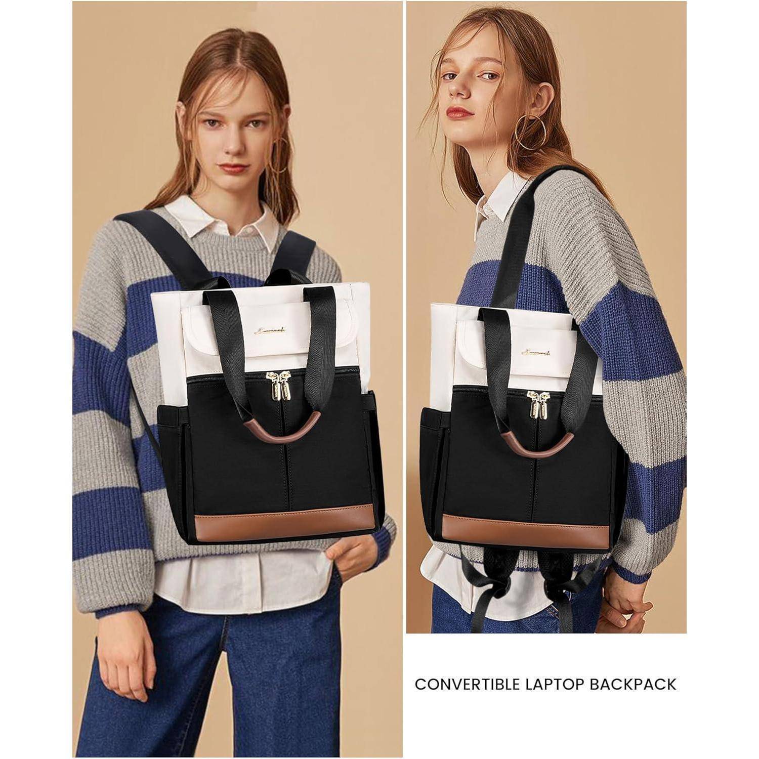 Großer Damen Rucksack 15,6 Zoll Beige Schwarz Braun