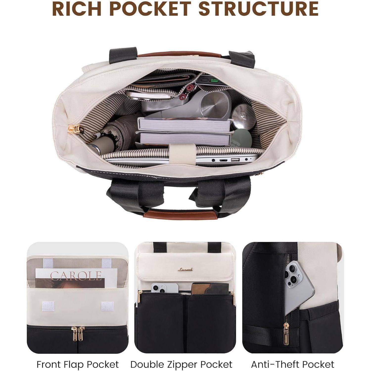 Großer Damen Rucksack 15,6 Zoll Beige Schwarz Braun