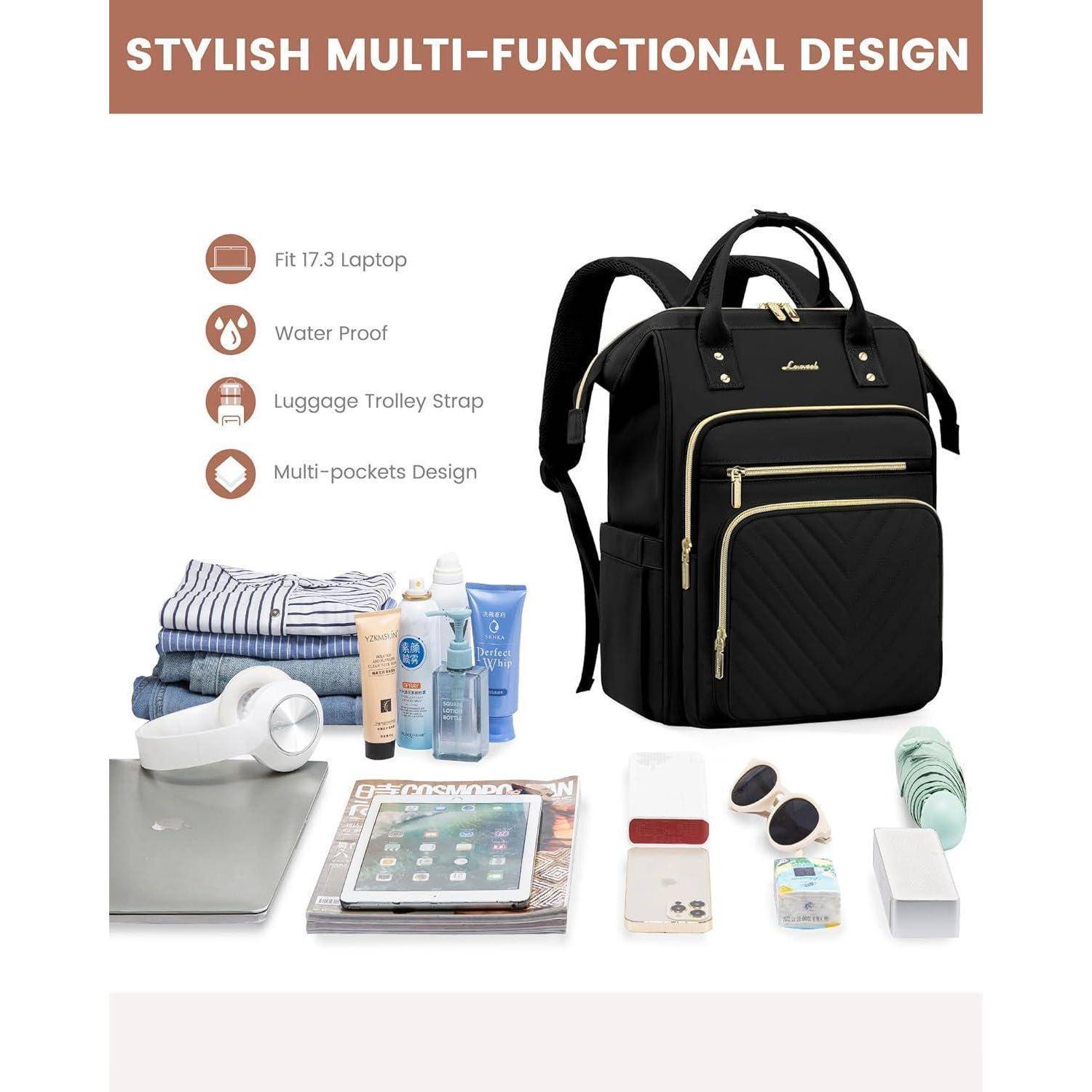 Damen Rucksack Schwarz 17,3 Zoll Laptop Schulrucksack Wasserdicht