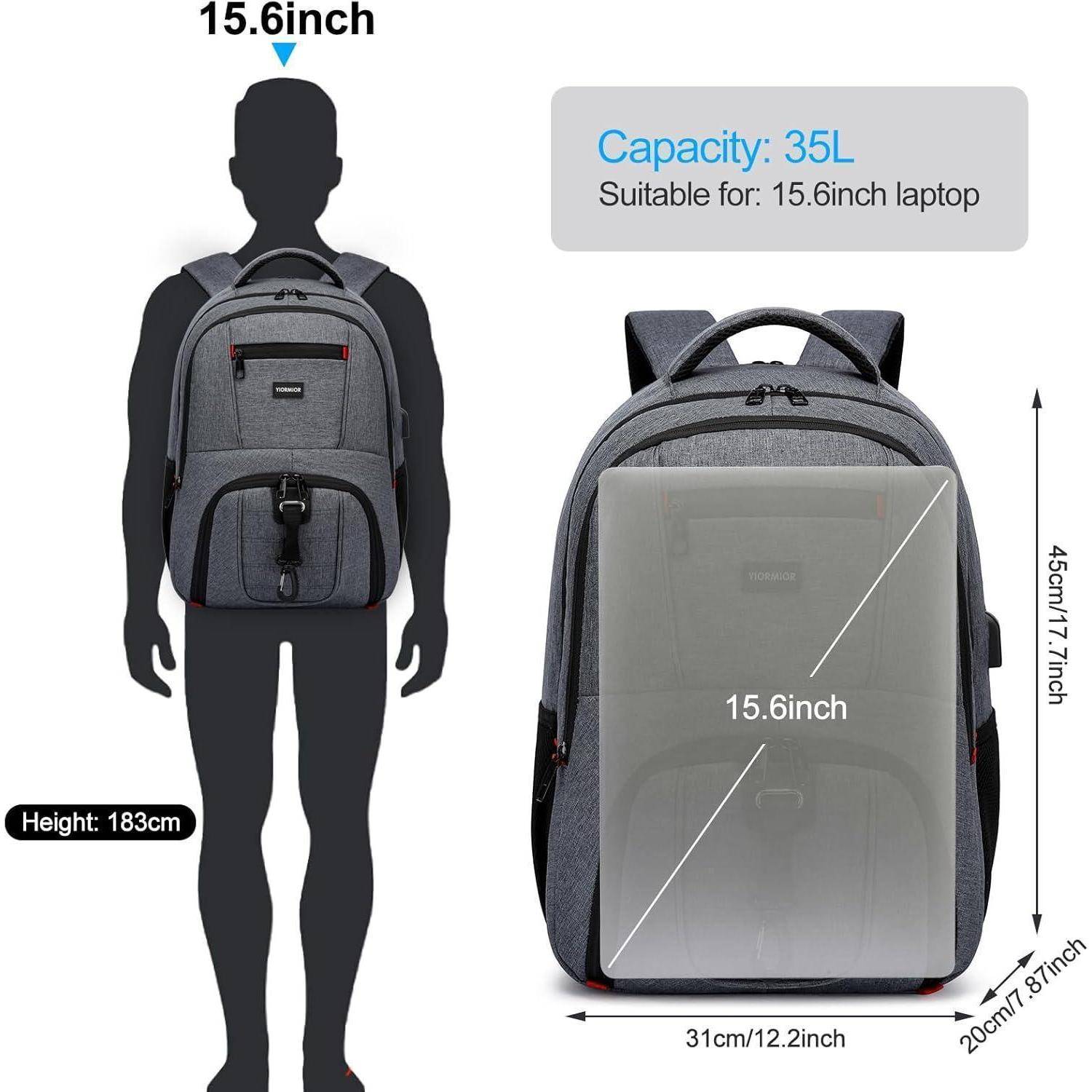 Bild eines Rucksacks, der einen 15,6-Zoll-Laptop aufnehmen kann. Abmessungen: 31 cm breit, 45 cm hoch, 20 cm tief. Volumen: 35 Liter. Geeignet für eine Person mit 183 cm Körpergröße.