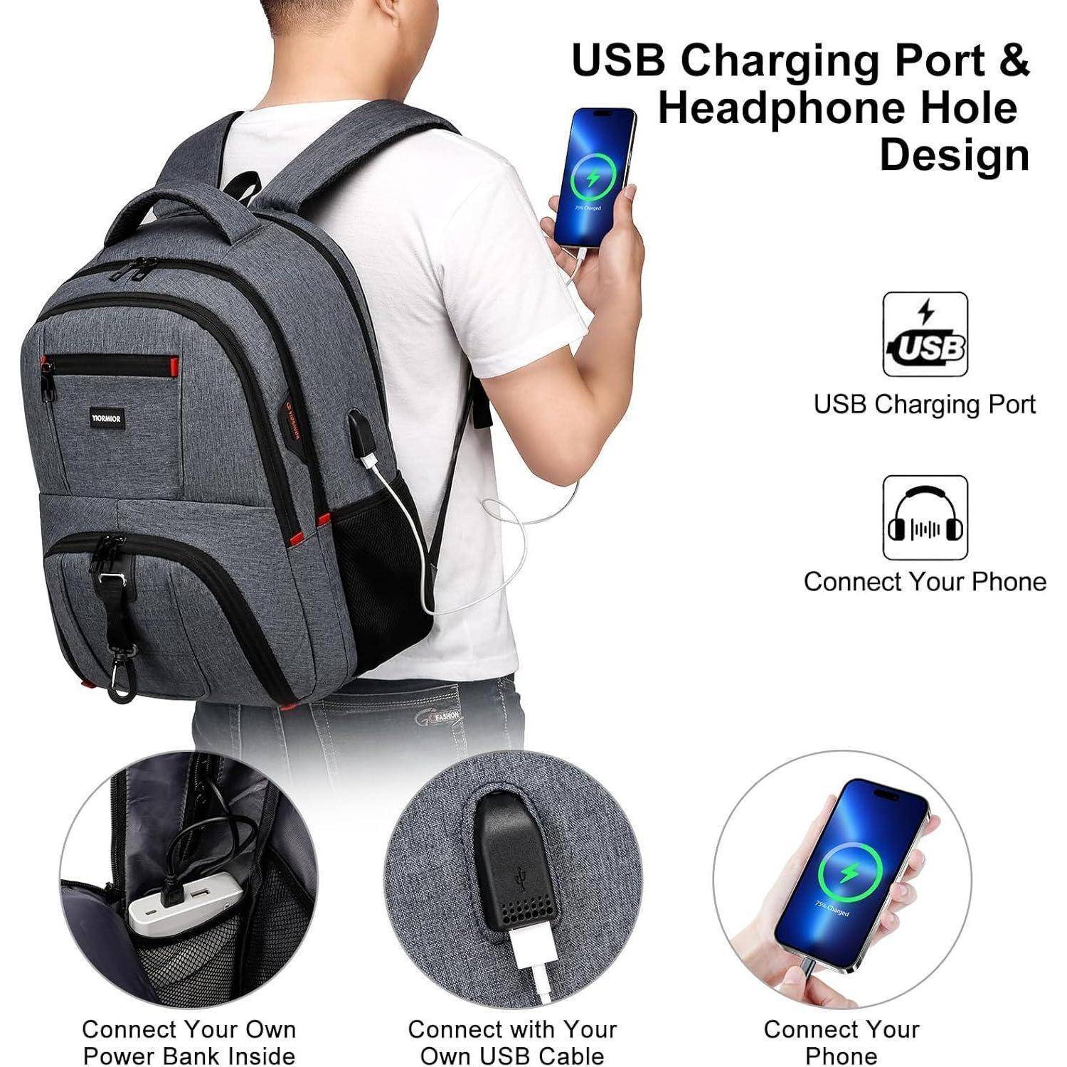 Eine Person trägt einen grauen Rucksack mit einem USB-Ladeanschluss. Eingefügte Bilder zeigen eine Powerbank-Einrichtung und ein Smartphone, das geladen wird.