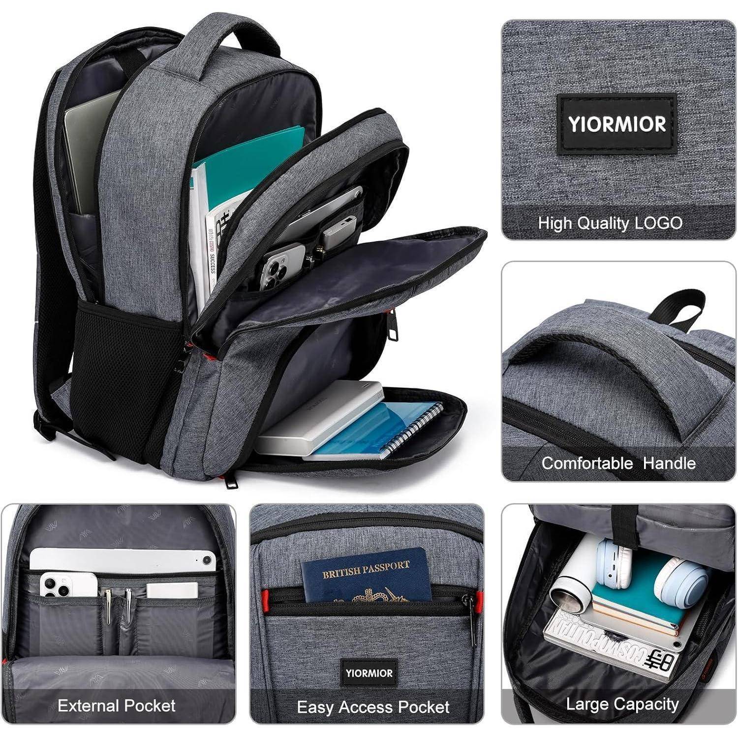 YIORMIOR' Rucksack mit gepolsterten Fächern, Seitentaschen und sicheren Griffen. Einfacher Zugang und großes Fassungsvermögen für Geräte und Dokumente.