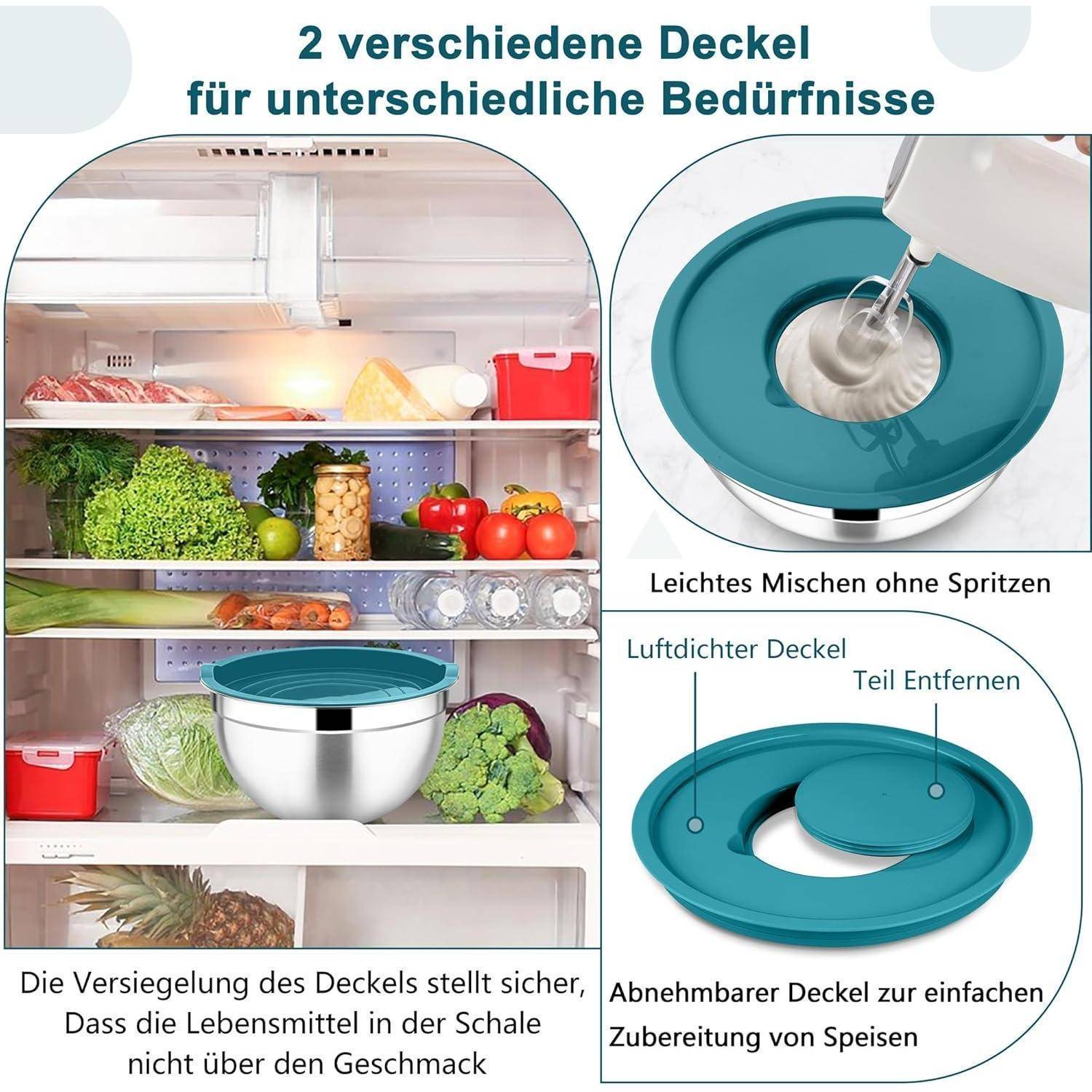Rührschüssel 4,5 L Edelstahl Salatschüssel mit 3 Reibeaufsätzen Blau