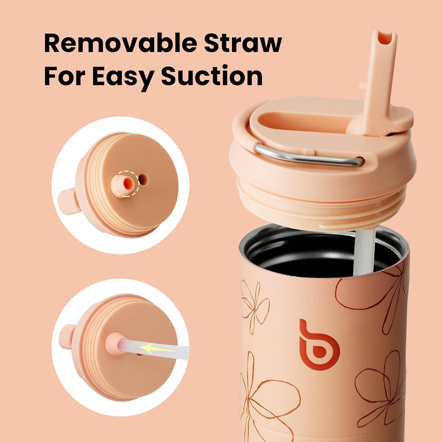 Reisebecher mit Pfirsichdeckel und Blumendesign verfügt über einen abnehmbaren Strohhalm für einfaches Trinken. Zwei Nahaufnahmen zeigen die Trinköffnungen.