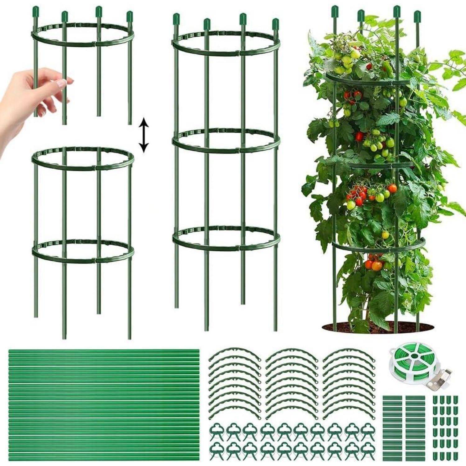 Drei grüne Metallpflanzenstützen werden gezeigt: eine wird zusammengebaut, eine ist vollständig zusammengebaut und eine stützt eine Tomatenpflanze. Zubehör im Lieferumfang enthalten.