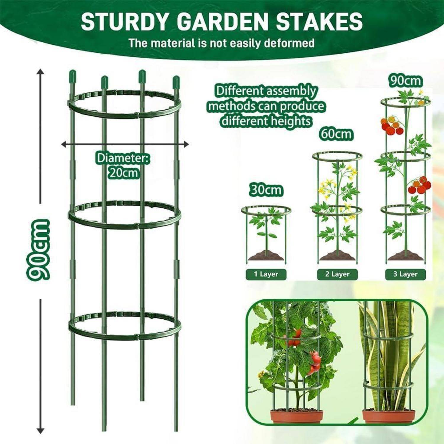Robuste Gartenstützen' Montagemöglichkeiten gezeigt: 90 cm Höhe, verstellbar in 1-3 Schichten bei 30 cm, 60 cm, 90 cm für verschiedene Pflanzen. Durchmesser 20 cm.