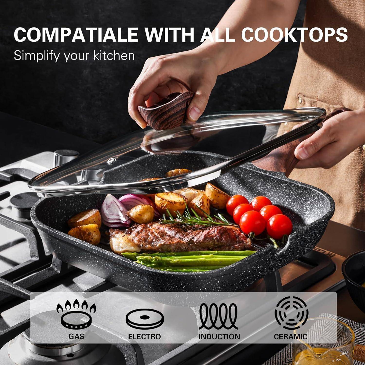 Eine Person legt einen Deckel auf eine Pfanne mit Steak, Gemüse und Kartoffeln auf einer Herdplatte. Text lautet: „Kompatibel mit allen Kochplatten.