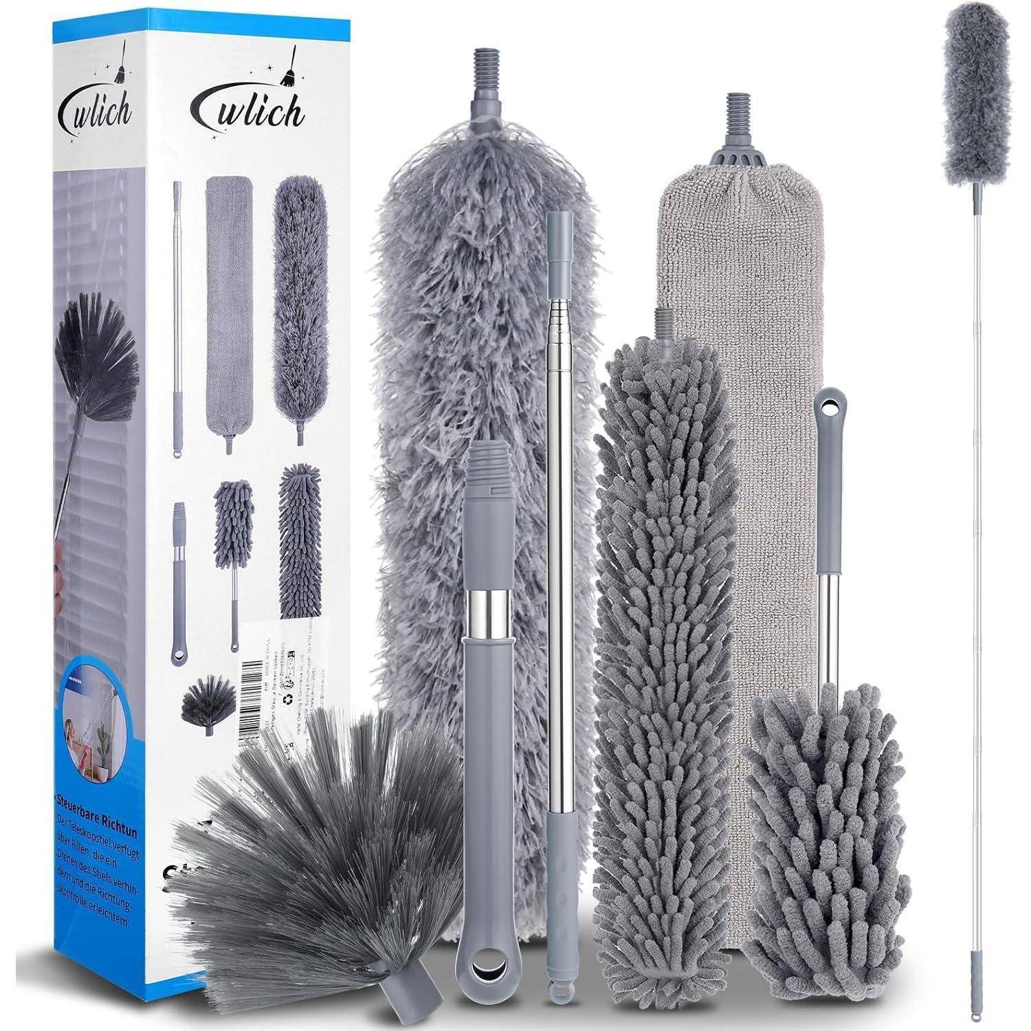 Reinigungsset mit verschiedenen grauen Staubwedeln und einem ausziehbaren Griff; Verpackung zeigt Produktabbildung und kompaktes Design für einfache Aufbewahrung.